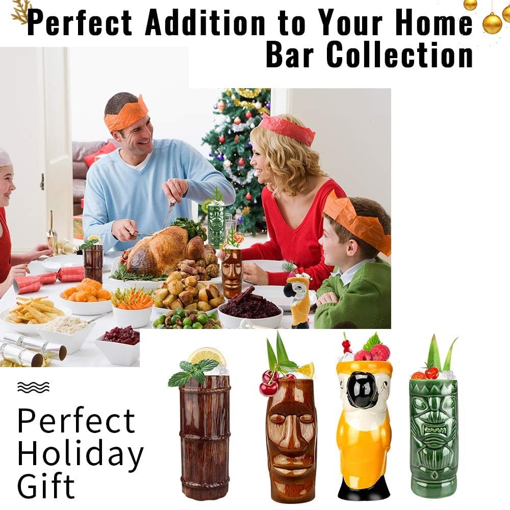Tiki Mugs Cocktail Set of 4 - Large Ceramic Hawaiian Party Mugs for Tropical Drinks, Exotic Cocktail Glasses for Tiki Bar & Home Decor, Professional Barware for Luau Parties & Summer Entertaining (TKSET0001)