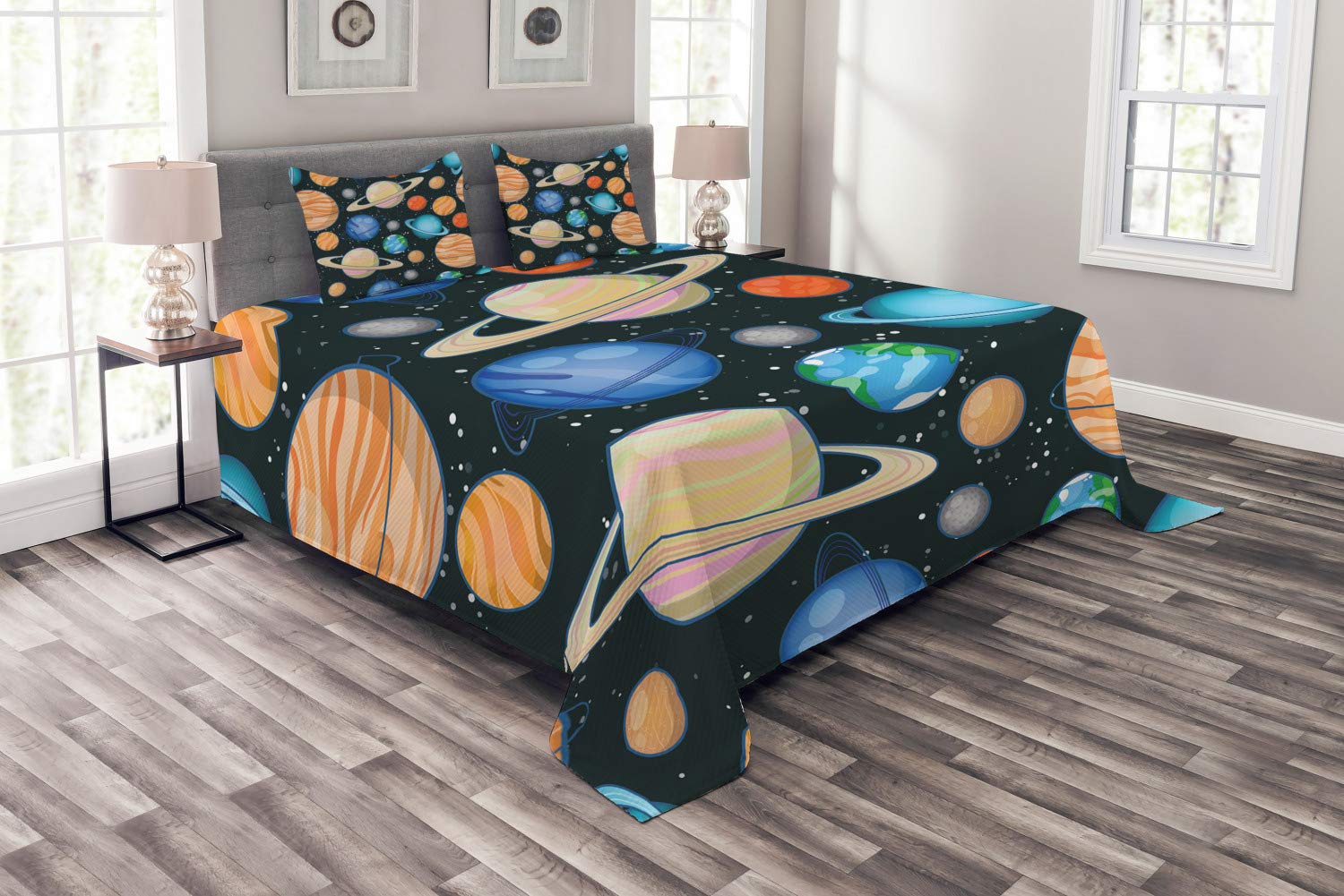 Ambesonne Galaxy Bedspread Set - King Size 3-Piece Space Themed Bedding with Solar System Planets Print (Comforter + 2 Pillow Shams) | Perfect for Astronomy Lovers, Sci-Fi Decor & Cosmic Themed Bedrooms