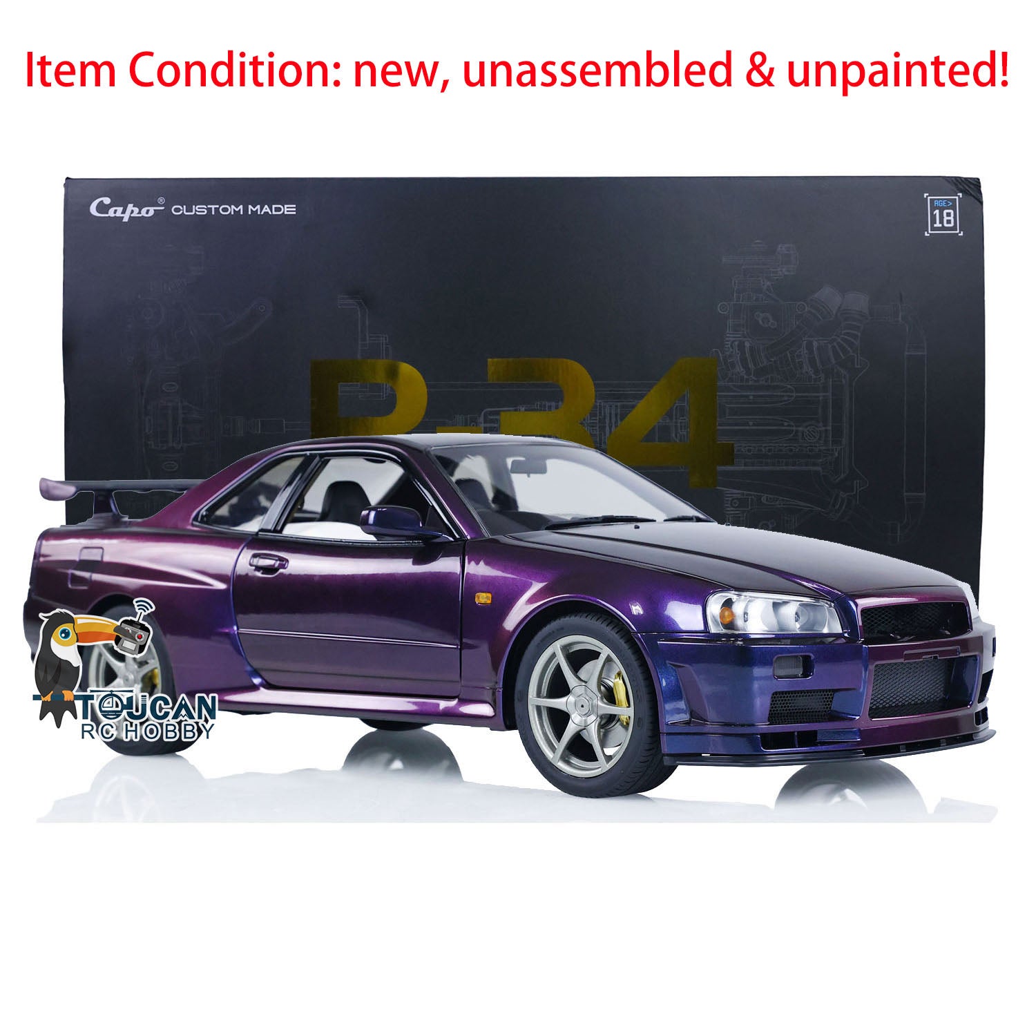 1/8 Scale Unassembled Metallic R34 RC Racing Car Kit - DIY Remote Control Drift Vehicle Parts for Hobbyists & Collectors | Perfect for Drift Racing, RC Car Shows & Model Building Projects