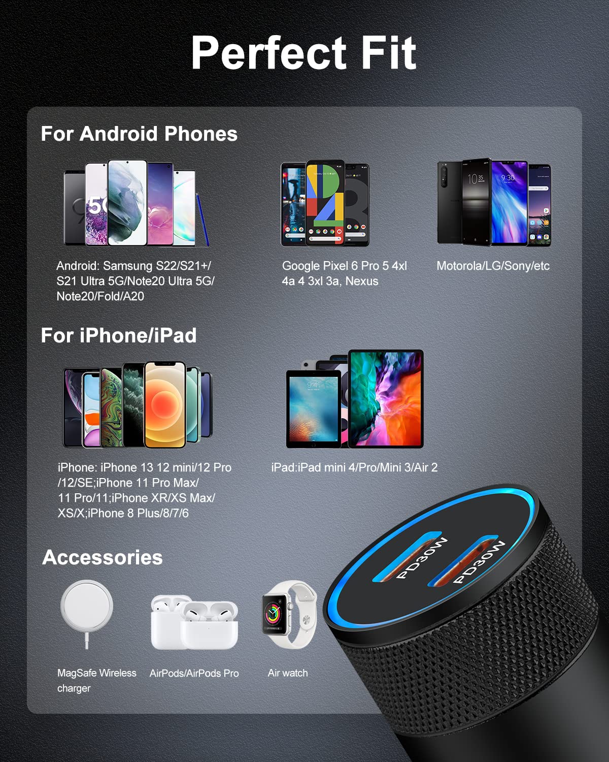60W USB C Car Charger Fast Charging Adapter - PD 3.0 Type C Cigarette Lighter for iPhone 16/15/14/13 Pro Max, Galaxy S25/S24/S23 Ultra, Pixel 9/8/7/6 Pro - Perfect for Road Trips & Long Drives
