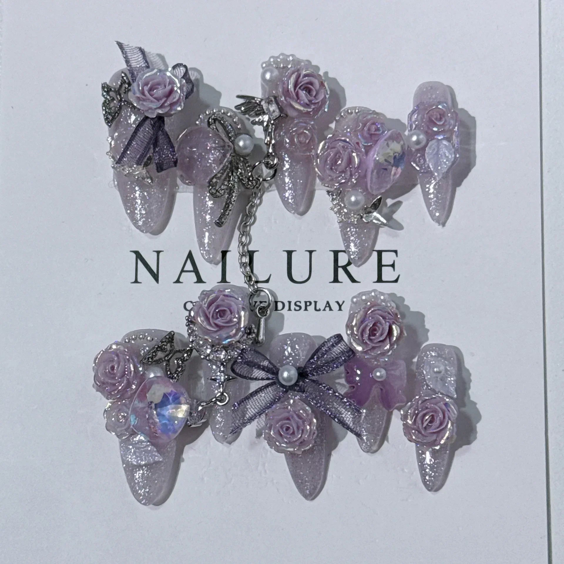 10Pcs Purple Flower Press on Nails - Handmade Almond French Tip Fake Nails with Rhinestones, Full Cover Ballet Manicure Nail Tips for Women - Perfect for Weddings, Parties & Everyday Wear