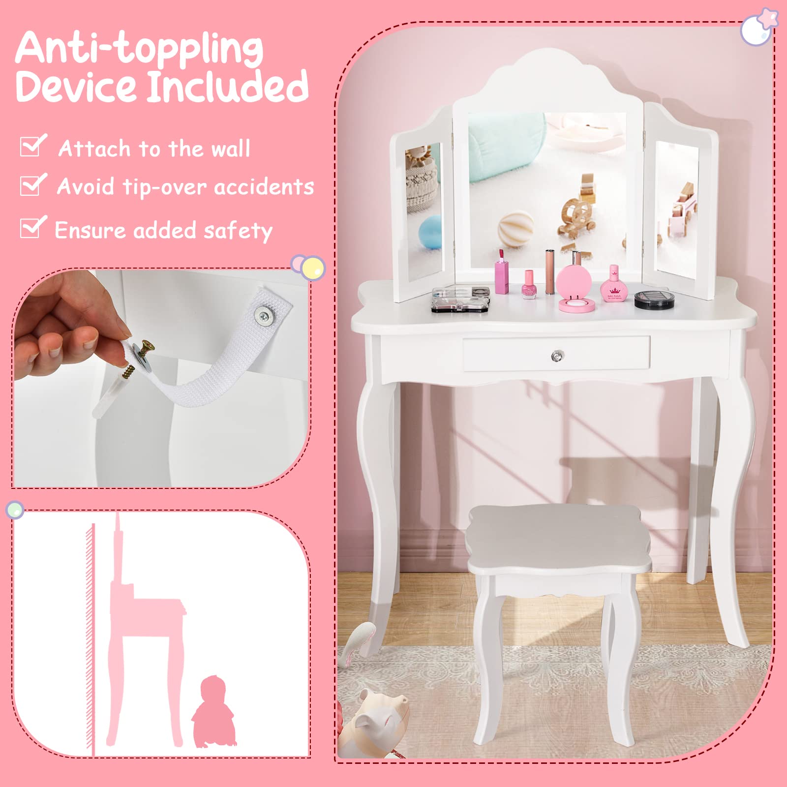 Costzon Kids Wooden Vanity Table & Stool Set - 2 in 1 Detachable Design with Dressing Table & Writing Desk, Princess Makeup Vanity with 180° Folding Mirrors for Girls (White) | Perfect for Bedroom, Playroom & Gift for Little Princesses