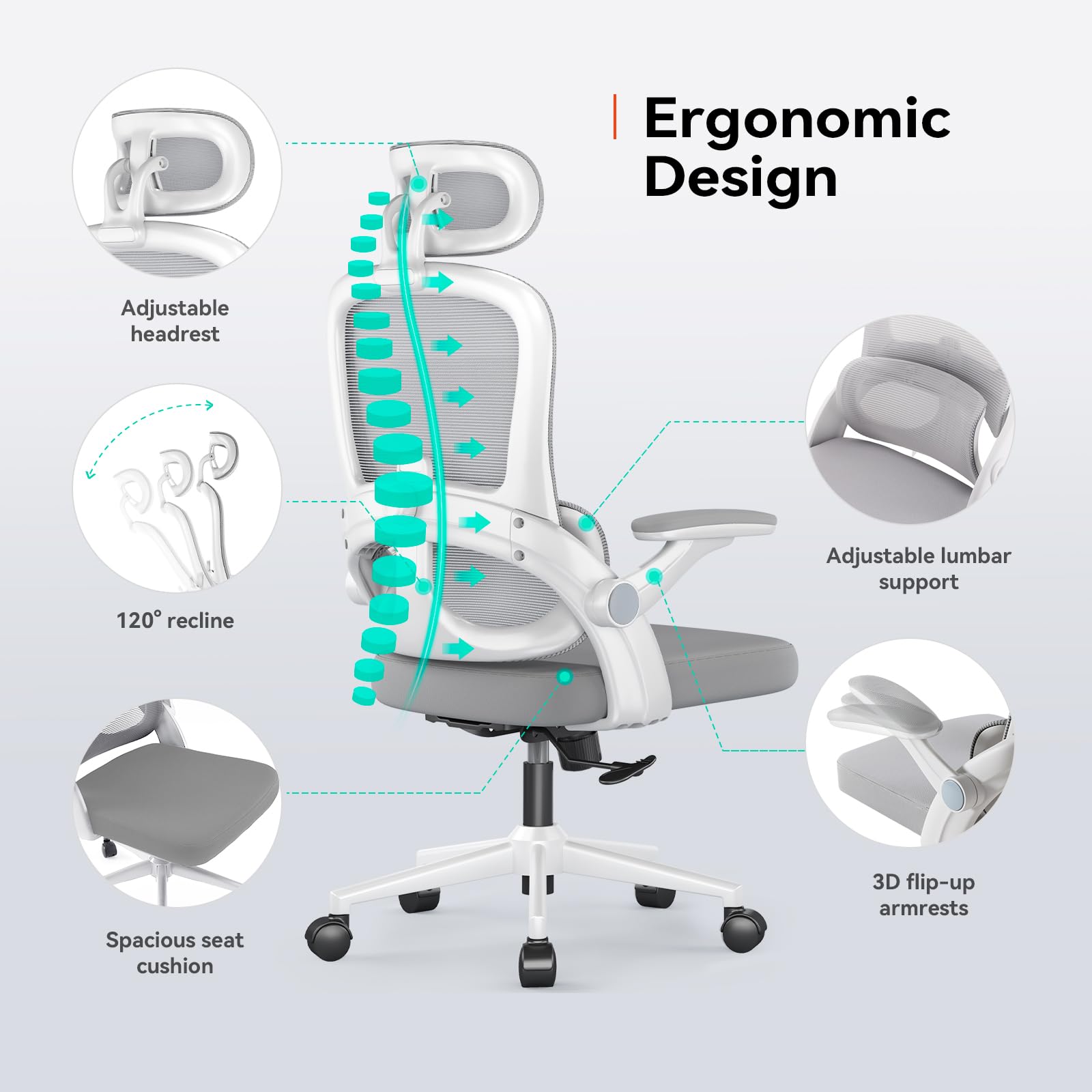 SIHOO M102C Ergonomic Office Chair - High Back Desk Chair with 3D Adjustable Armrests, Lumbar Support & 2D Headrest - Swivel Computer Task Chair with Tilt Function - White - Perfect for Home Office, Gaming & Workspaces
