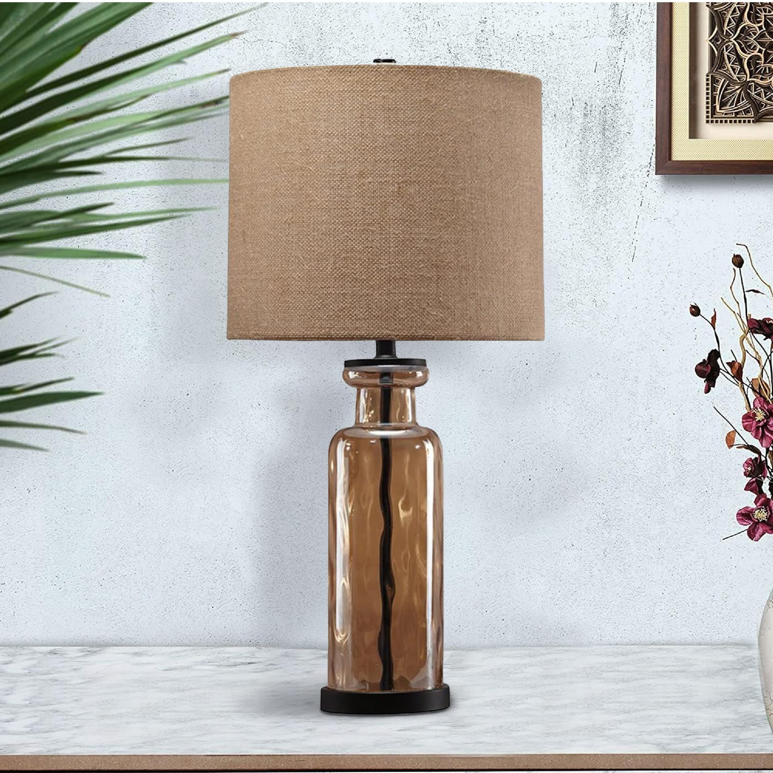 Benjara Gold Beige Fabric Drum Shade Glass Table Lamp - Elegant Living Room Bedside Lighting for Home Office Decor