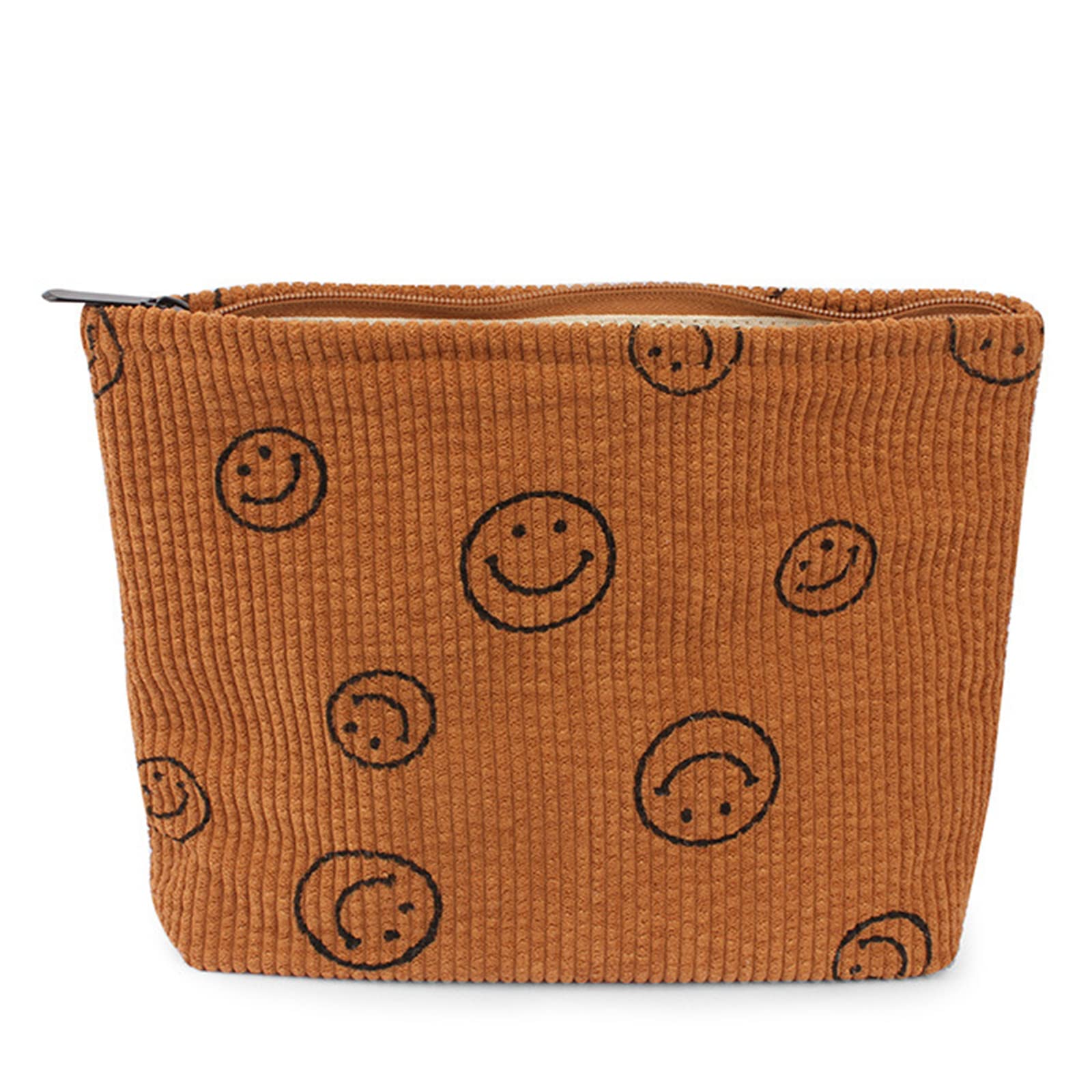 Yooamz Corduroy Makeup Bag with Smile Print - Cosmetic Pouch Organizer for Women & Girls - Travel Beauty Storage Accessory (Brown) | Perfect for Travel, Gym, and Everyday Use