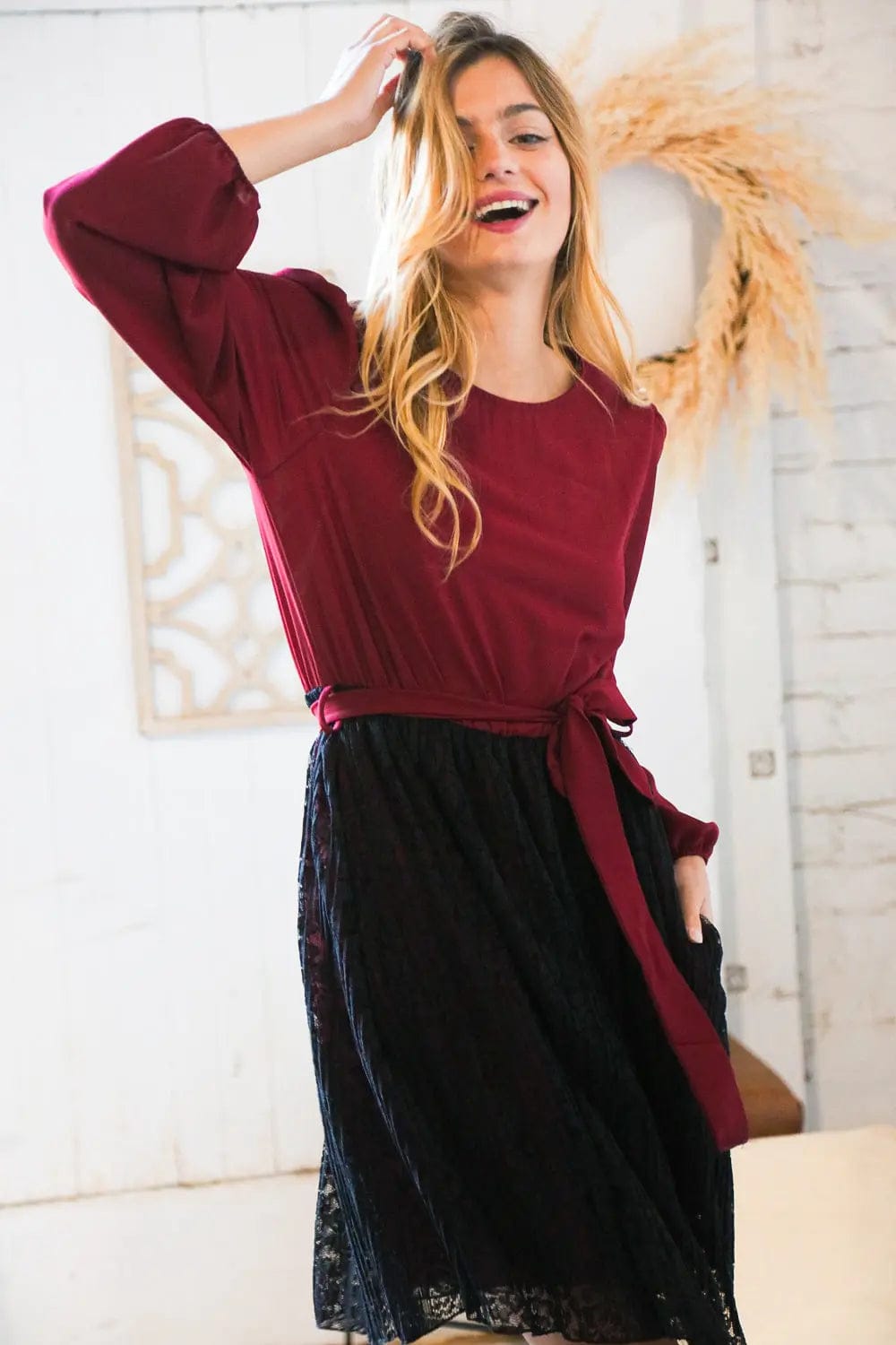 Elegant Maroon & Black Lace Overlay Sash Tie Dress for Women - Perfect for Cocktail Parties, Weddings & Special Occasions
