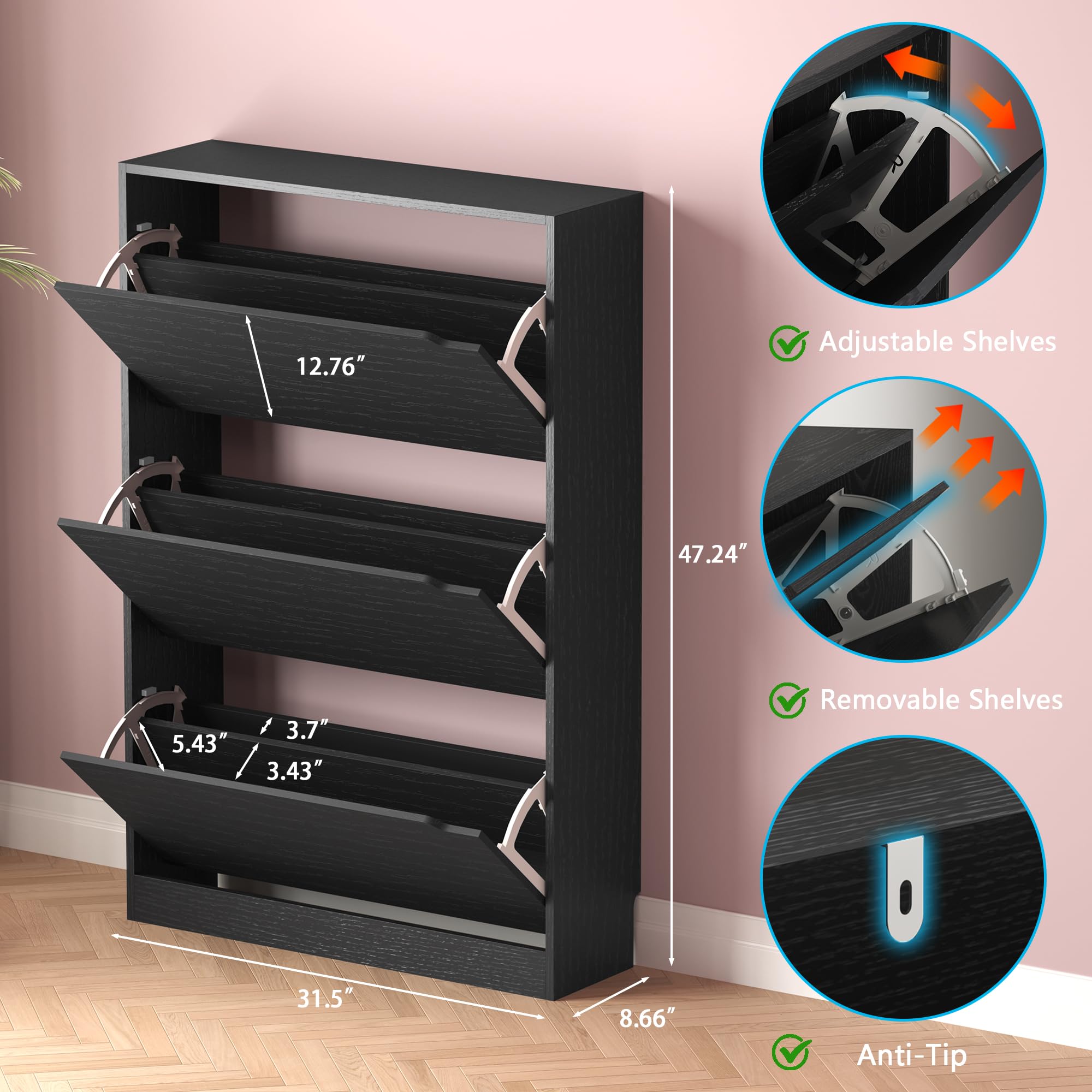 3-Tier Flip Drawer Shoe Storage Cabinet - Narrow Freestanding Shoe Rack Organizer for Entryway, Hallway, Closet - Space Saving Black Shoe Shelf for Small Spaces, Apartments & Dorm Rooms