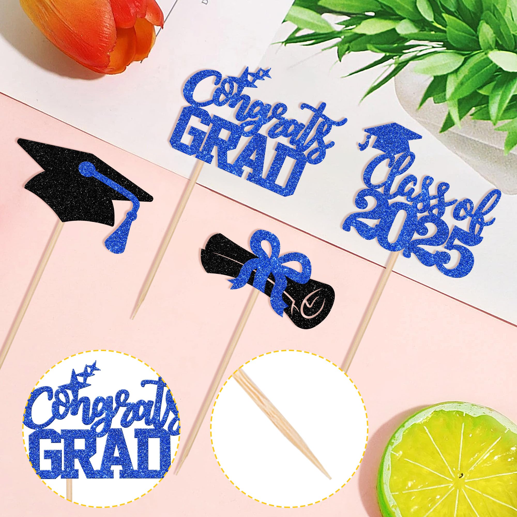 24 PCS Class of 2025 Graduation Cupcake Toppers - Glitter Diploma & Grad Cap Cake Decorations - Blue Graduation Party Supplies for 2025 Theme Celebrations, School Events & Dessert Decorating