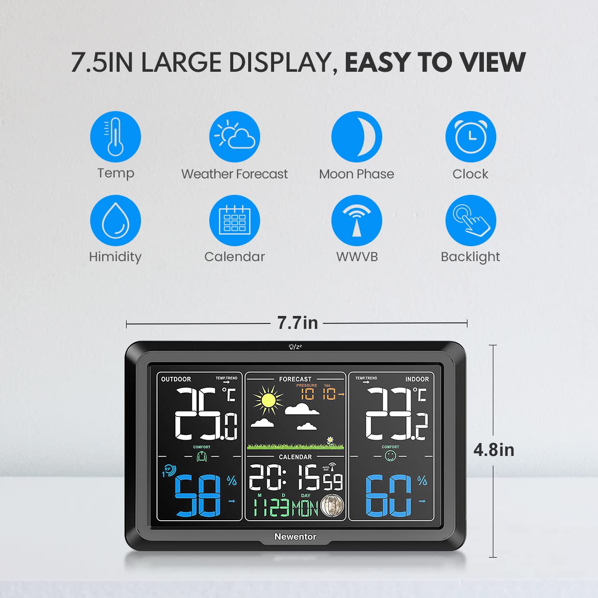 Newentor Wireless Indoor Outdoor Weather Station with Atomic Clock - 7.5