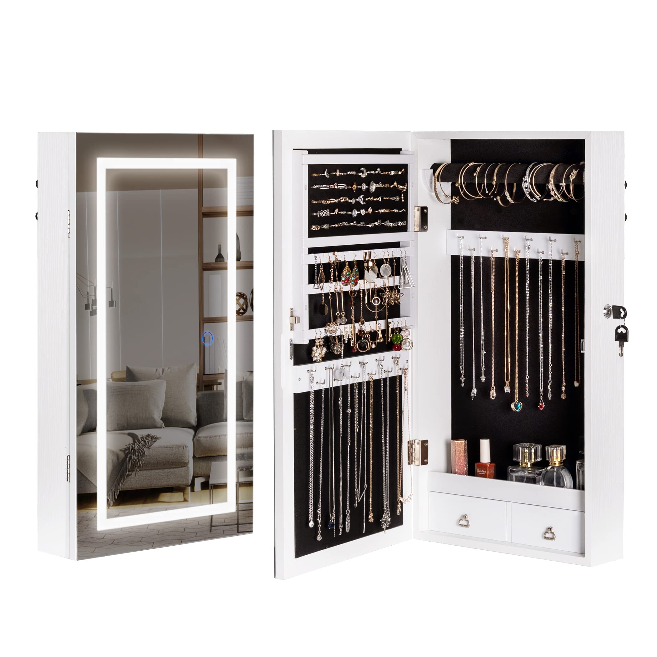 LAVIEVERT Jewelry Armoire with LED Mirror - Wall/Door Mounted Frameless Jewelry Cabinet with 3 Color Lights, Lockable Hanging Organizer & 2 Drawers (White) - Perfect for Bedroom, Closet & Dressing Room Organization