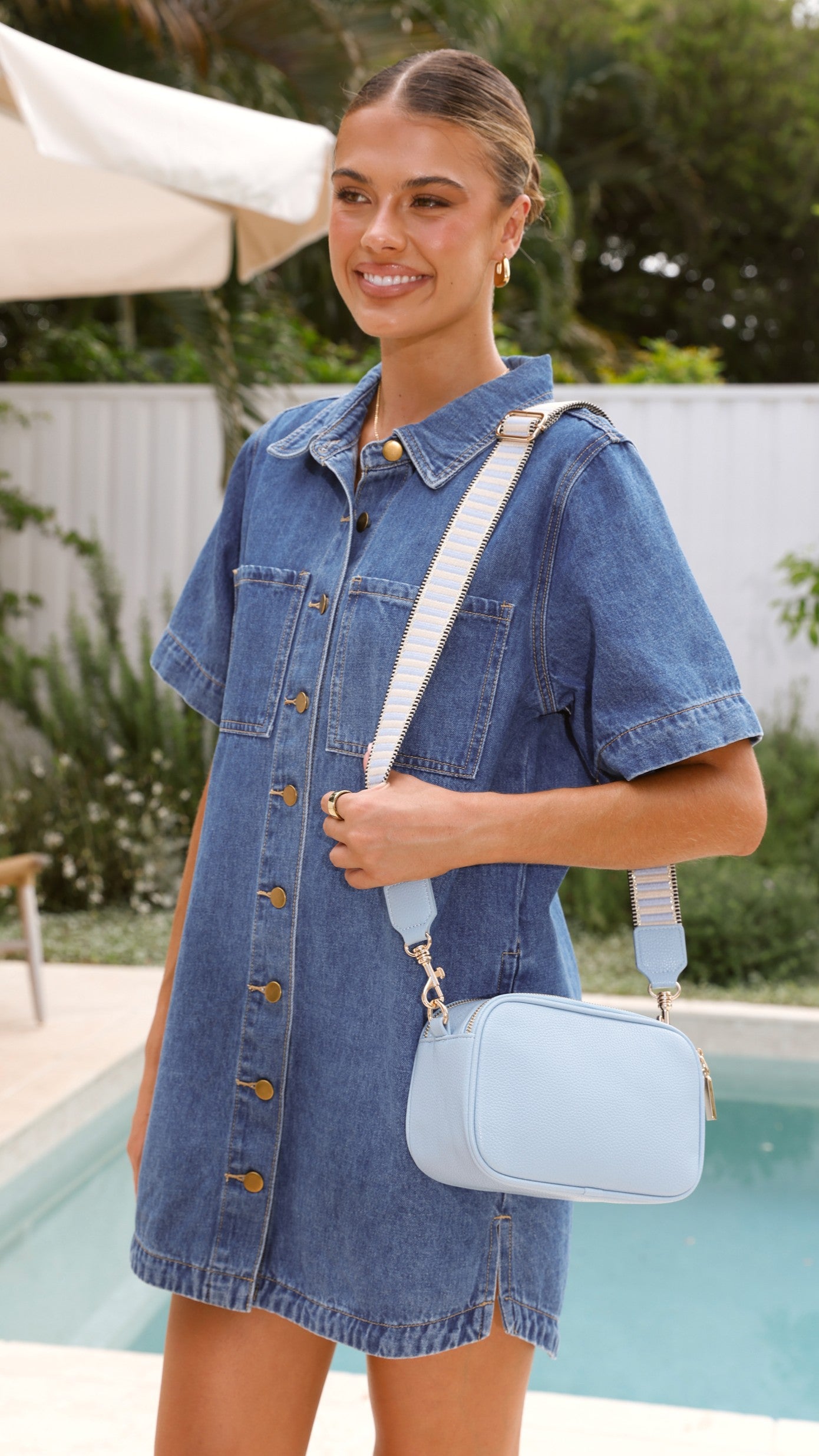 Bella Striped Webbing Camera Bag - Waterproof DSLR/SLR Shoulder Bag for Travel & Photography - Blue