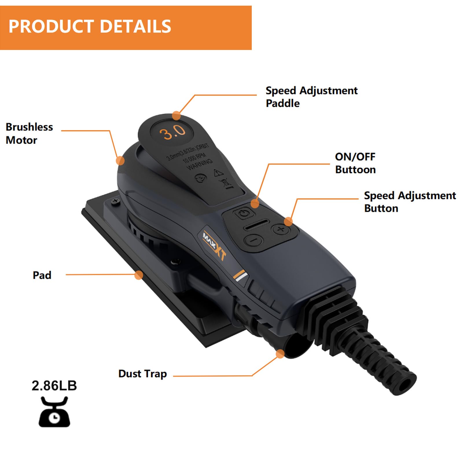350W MAXXT Sheet Sander with 15 Dust-Free Sandpapers - 3.0mm Finishing Sander, Brushless Motor, 7-Speed Adjustable (4000-10000 RPM) for Woodworking - Perfect for Furniture Refinishing & DIY Projects (7.8 x 2.7 Inch)