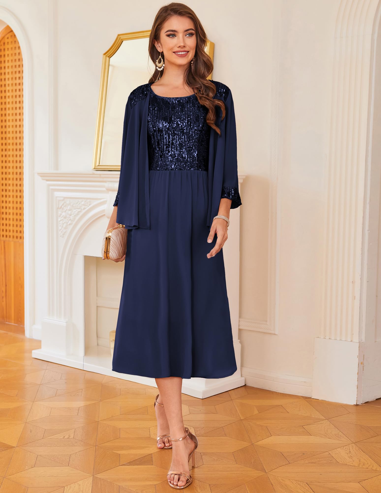 GRACE KARIN Elegant Sequin Two-Piece Wedding Guest Dress with Jacket - Mother of The Bride Formal Tea-Length Dress for Weddings, Parties & Special Occasions 2025