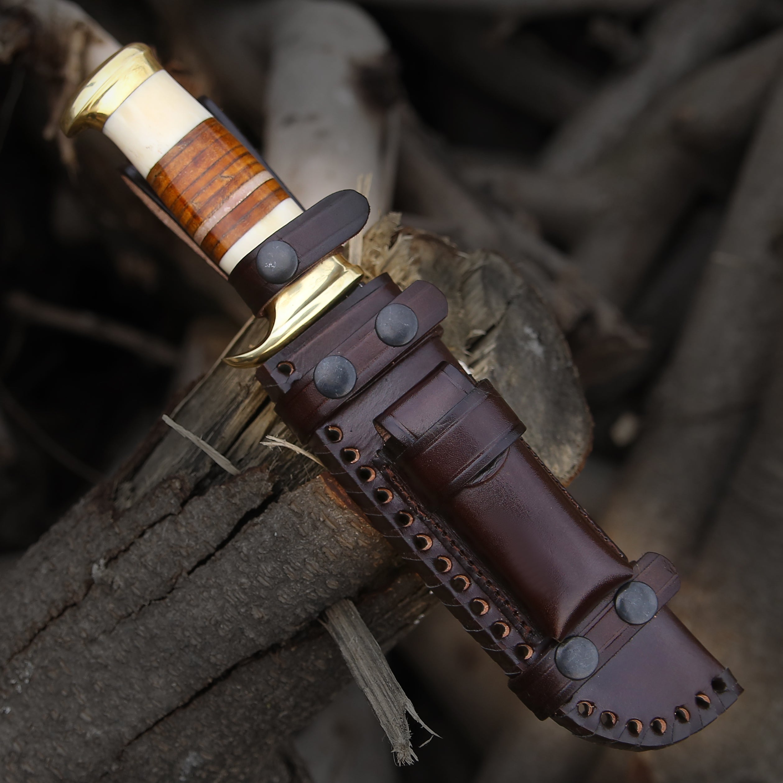Premium Vindicator Custom Bowie Knife - Genuine Bone & Stacked Leather Handle - Hunting, Camping, Survival & Outdoor Activities