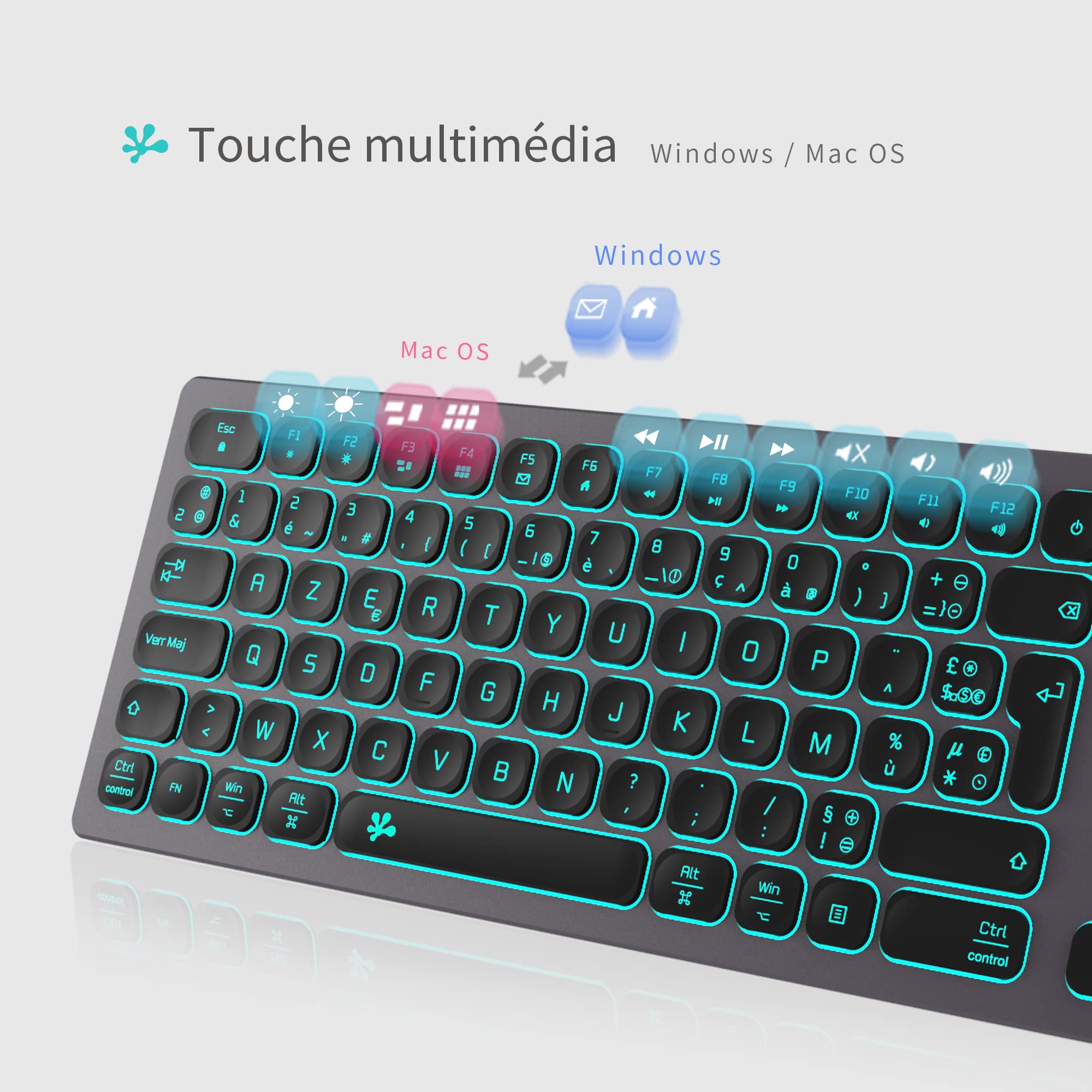 B.FRIENDIT Slim Wired Backlit Keyboard with Aluminum Case, Numeric Keypad & RGB Lighting - USB Mechanical Keyboard for iMac, MacBook, Windows PC (AZERTY Layout, Grey) - Perfect for Gaming, Office Work & Typing