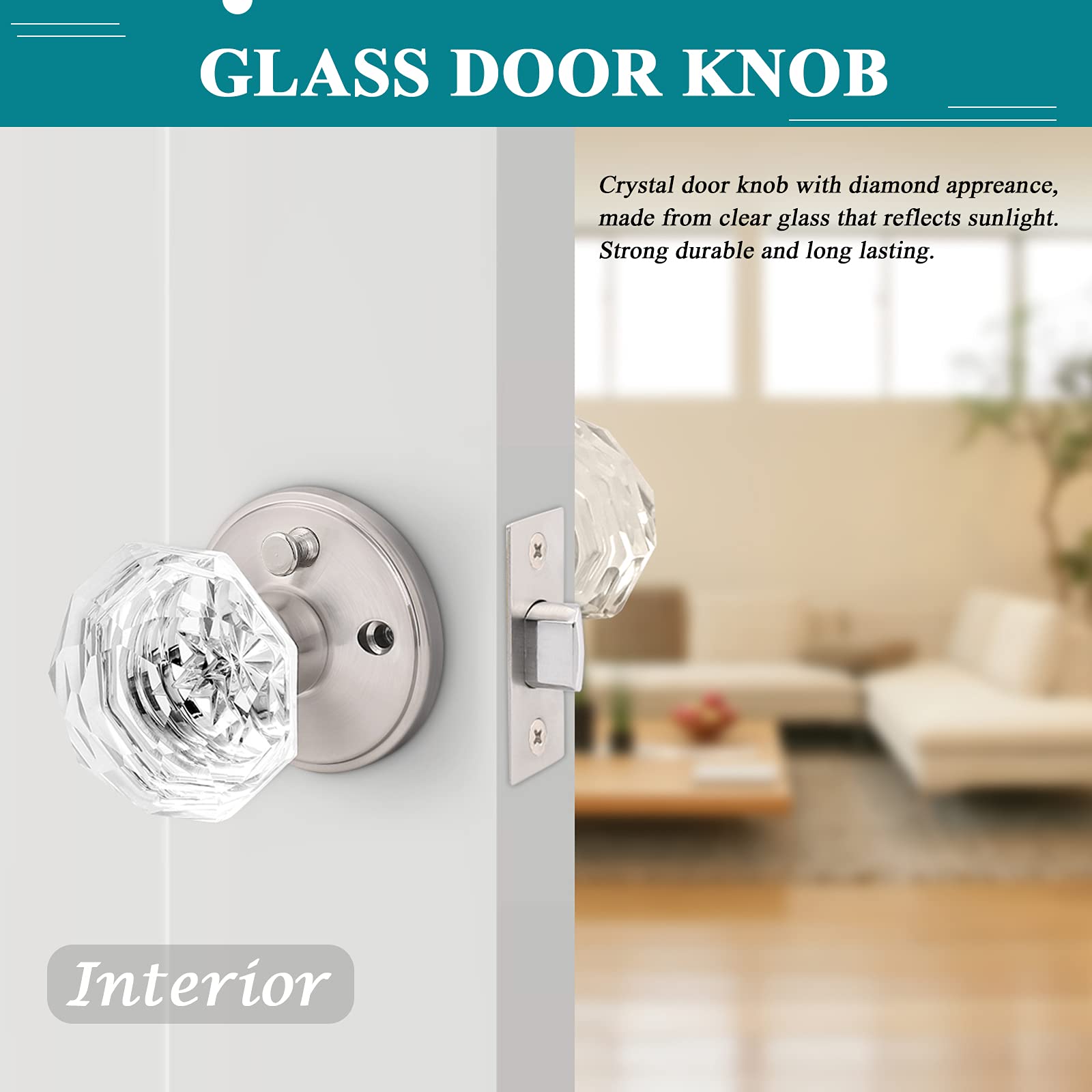 6 Pack Clear Glass Privacy Door Knobs with Satin Nickel Finish - Crystal Bedroom & Bathroom Door Handles - Zinc Alloy Round Rosette for Home Interior Doors (Ideal for Bedrooms, Bathrooms & Privacy Spaces)