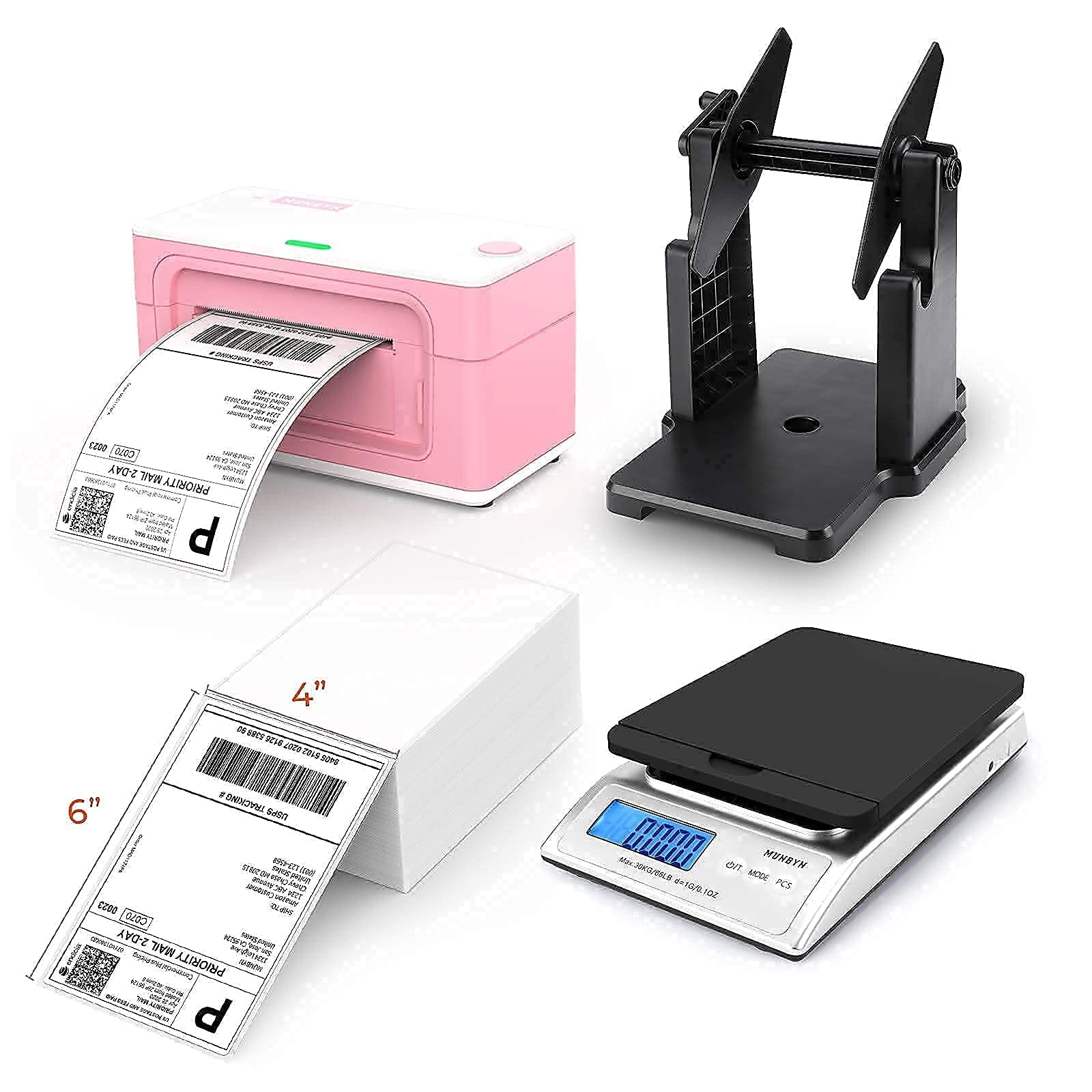 MUNBYN Pink Thermal Label Printer with Built-in Shipping Scale, Label Holder & 100 Thermal Labels - Perfect for E-commerce, Shipping & Small Business Packaging