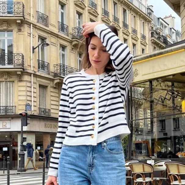 Women's Black and White Striped Sweater Cardigan & High Waist Shorts Set - Autumn Casual Outfit for Fall Fashion, Date Night, and Weekend Brunch