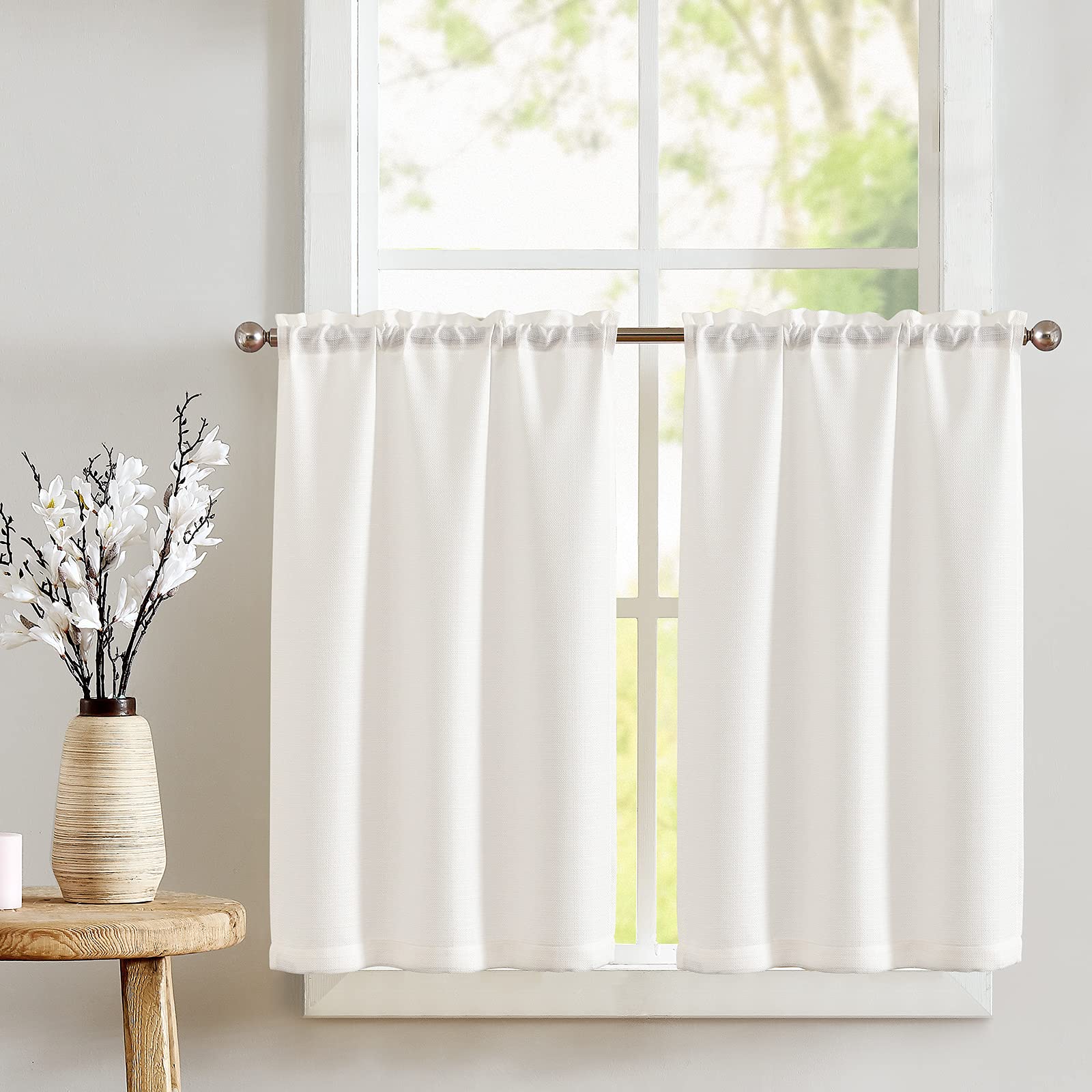 Jinchan 24 Inch Linen Textured Kitchen Curtains - Light Filtering Cafe Tier Drapes with Rod Pocket for Small Windows (Set of 2 Panels, White) - Perfect for Farmhouse, Living Room & Bathroom Half Windows | Creates Cozy Ambiance for Coffee Shops, Breakfast Nooks & Rustic Home Decor