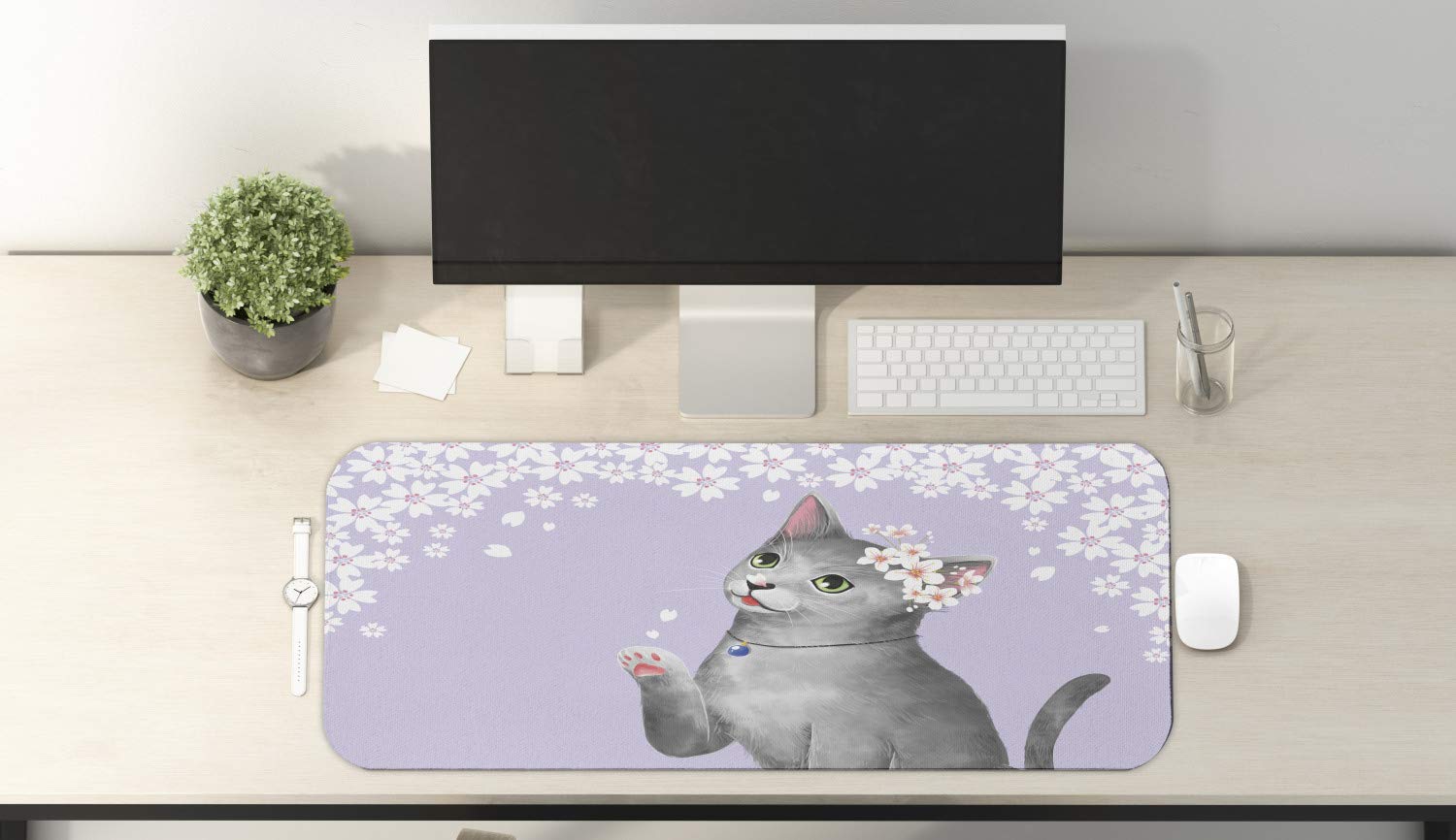 Ambesonne Large Cat-Themed Mouse Pad - Non-Slip Rubber Gaming Mousepad with Cherry Blossom & Kitten Paw Design, 31