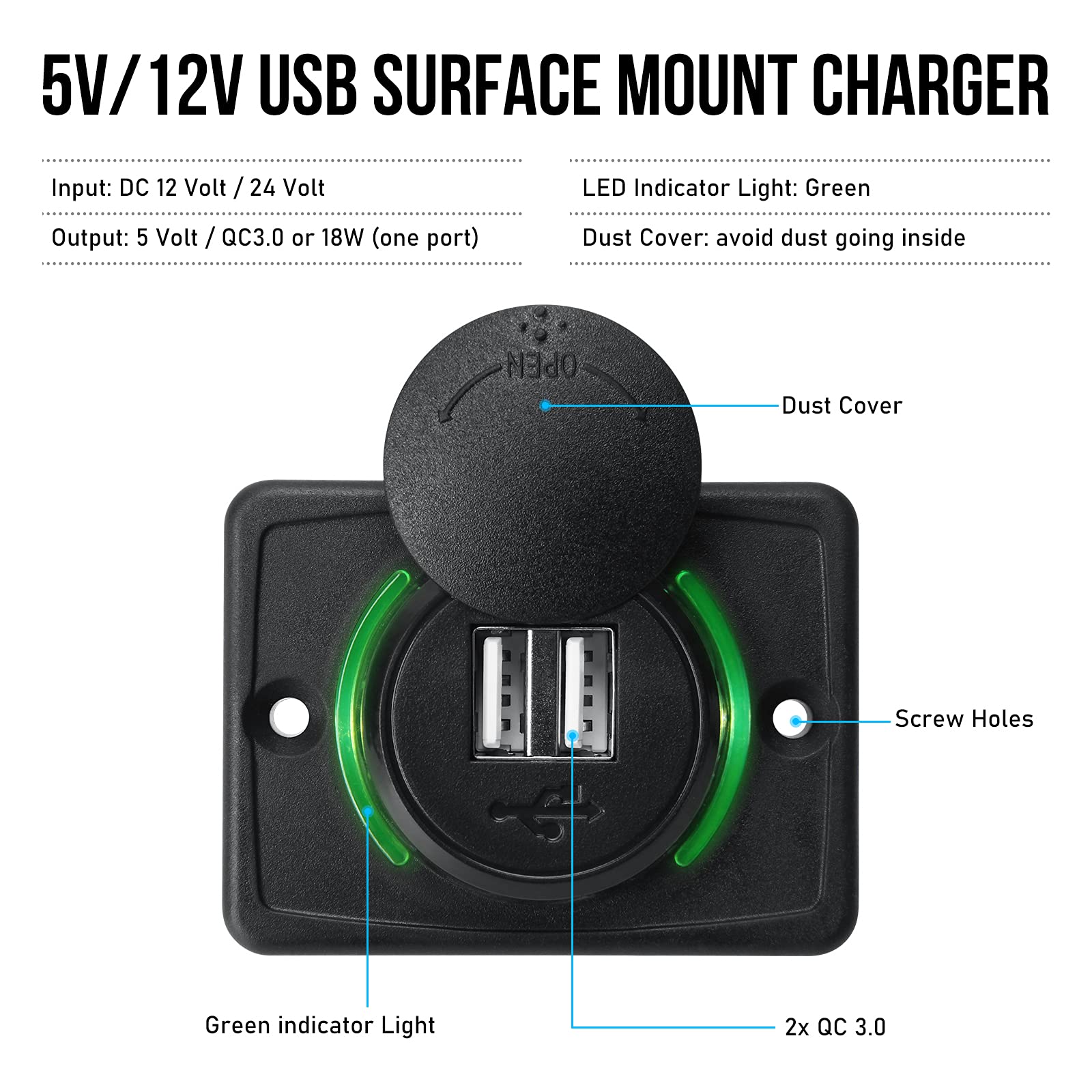 12V RV USB Charger - Dual Port Quick Charge 3.0 Wall Mount Charging Station with LED Indicator & Protective Cap for Car, Camper, Boat, Marine, SUV, ATV (Black) - Perfect for Road Trips & Outdoor Adventures