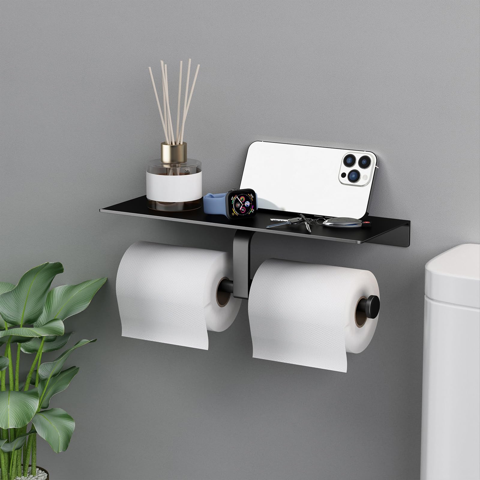 Danpoo Matte Black Toilet Paper Holder with Shelf - Wall Mounted Bathroom Organizer for Double Rolls | Space-Saving Bathroom Storage Solution for Small Spaces & Modern Homes