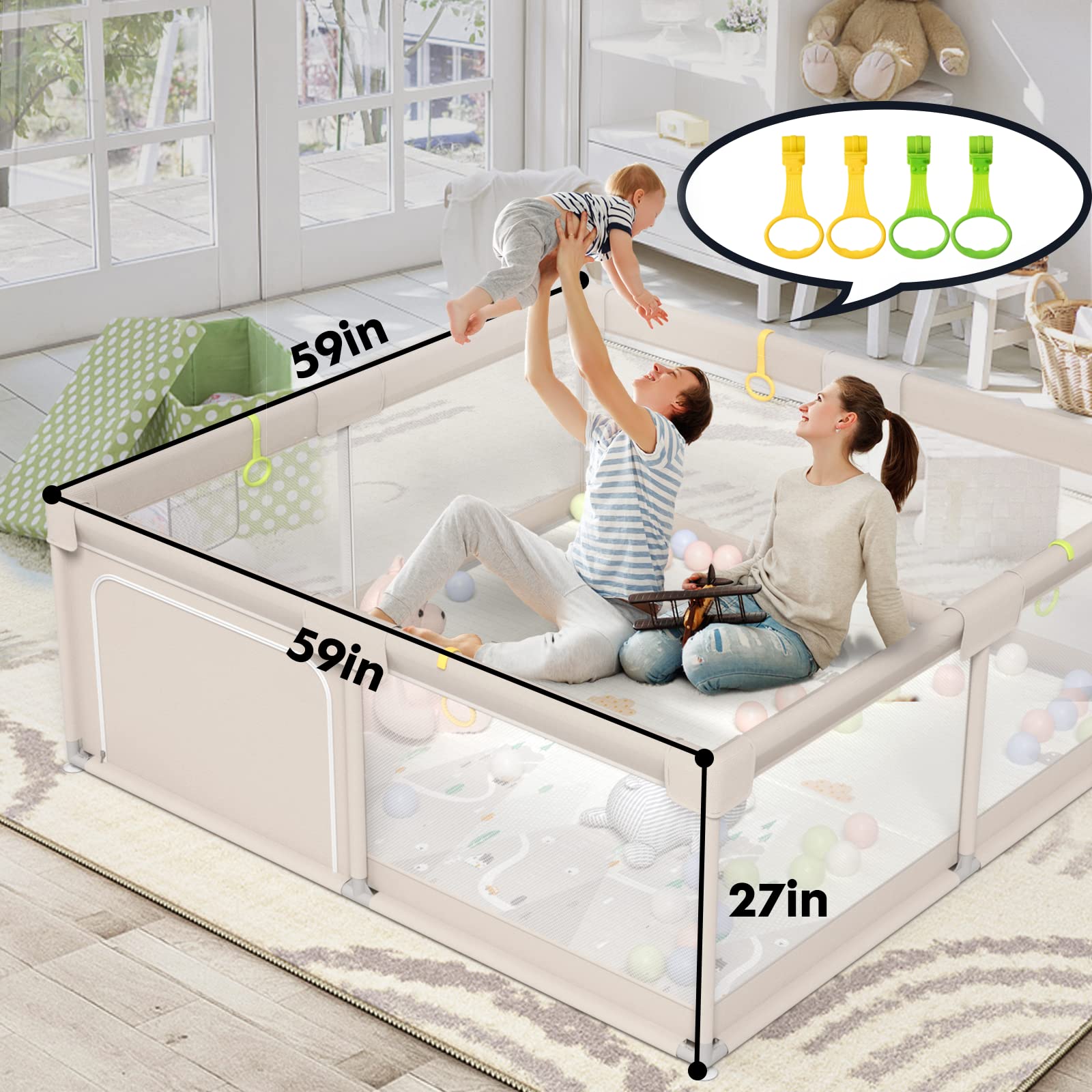 Zeebaba Extra Large Baby Playpen with Mat - 59x59x27 Inch Safety Play Yard for Babies & Toddlers | Indoor/Outdoor Play Area, Babyproof Space for Crawling & Learning | Perfect for Home, Daycare or Travel Use