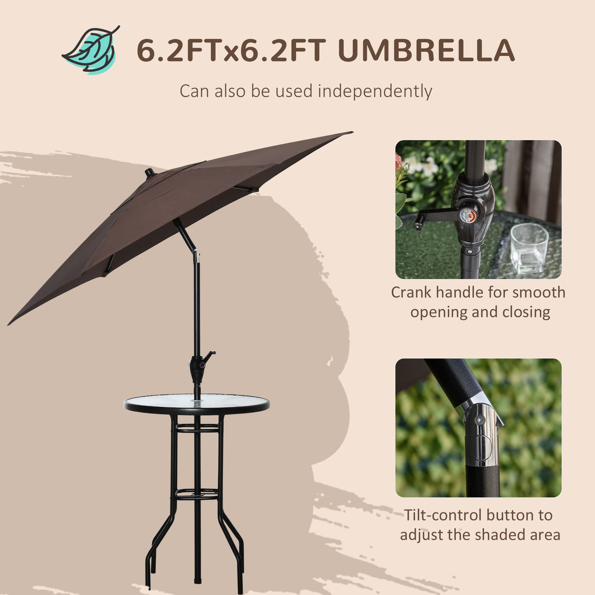 Outsunny 4-Piece Outdoor Patio Dining Set with 2 Folding Chairs, Adjustable Umbrella & Tempered Glass Table - Brown | Perfect for Backyard, Garden, Poolside & BBQ Gatherings