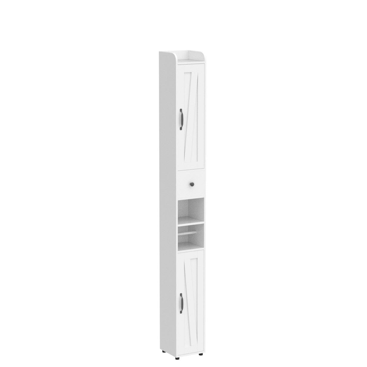 Adjustable Bathroom Storage Cabinet with 8 Compartments & Retractable Toilet Paper Holder - White Narrow 2-Door Tall Cabinet for Small Spaces | Perfect for Bathroom Organization, Apartment Living & Space-Saving Storage Solutions