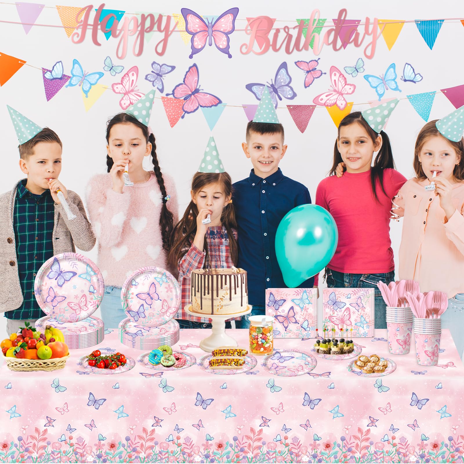 178 PCS Butterfly Themed Birthday Party Supplies Set - Disposable Paper Plates, Napkins, Cups, Cutlery, Tablecloth, Banner & Hanging Swirl Decorations - Perfect for Girls' Birthday Parties, Baby Showers & Garden Themed Events (Serves 25)