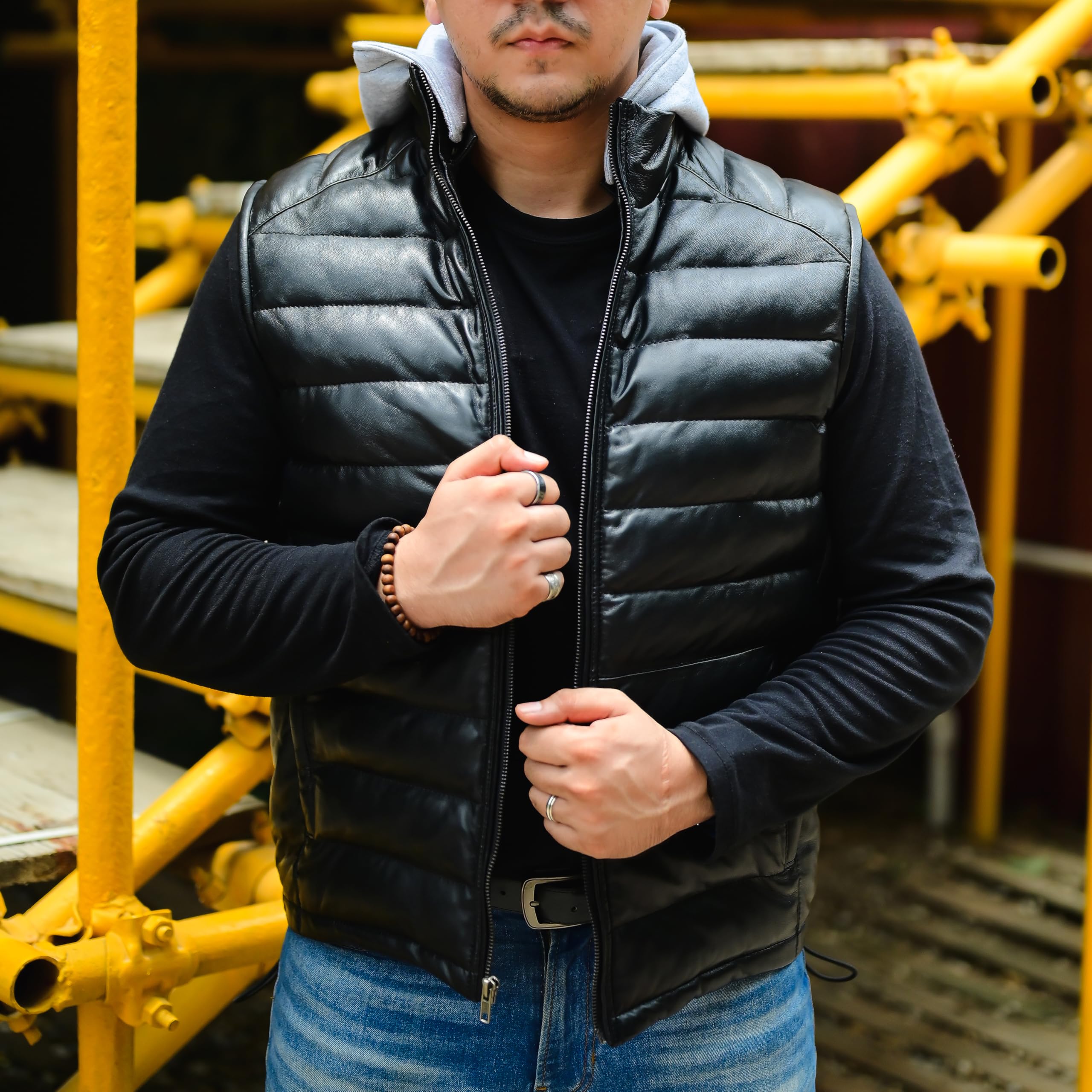 Jild Lambskin Leather Puffer Vest with Removable Hood - Stand Collar Sleeveless Jacket for Men | Winter Fashion, Outdoor Activities & Casual Wear