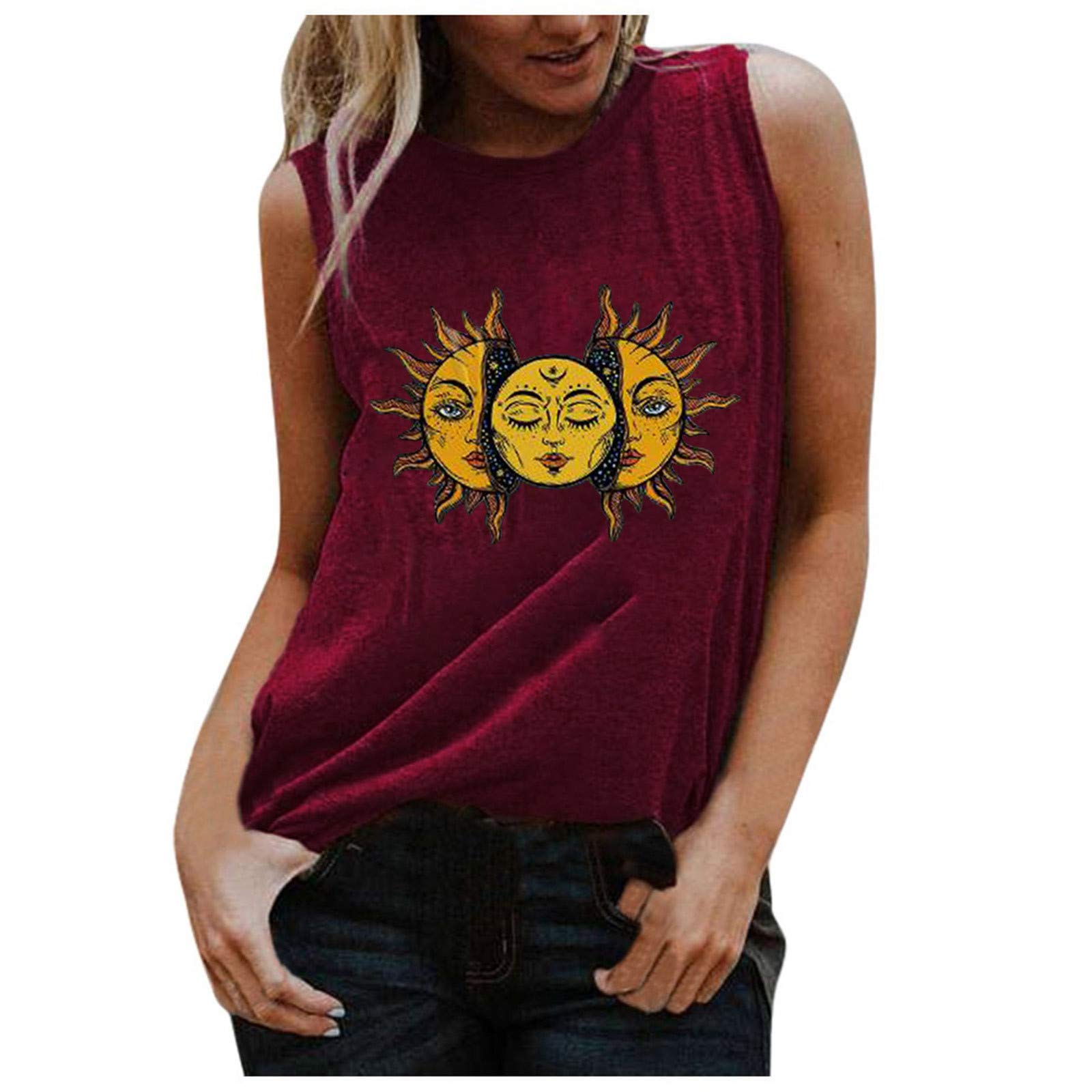 Women's Sun Printing Loose Tops - Casual Sleeveless O-Neck Vest & Camisole Tops for Summer, Beach, and Everyday Wear