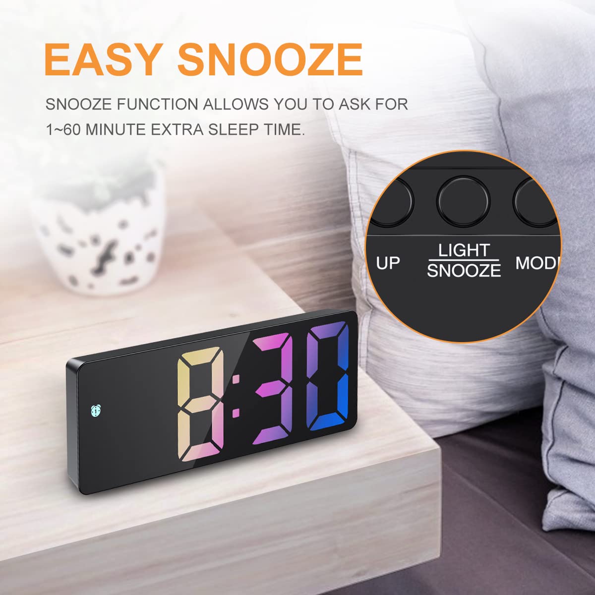 JXTZ Digital Alarm Clock with Rainbow LED Display - Adjustable Brightness, Temperature, Snooze & Voice Control - 12/24H Format for Bedroom, Office, Desk or Under TV - Perfect for Nightstands, Home Decor & Gift Giving