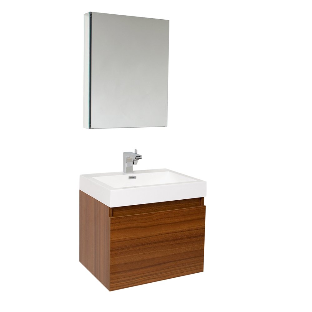 Fresca Bath FVN8006TK Modern Teak Wood Vanity with Built-in Medicine Cabinet - Perfect for Bathroom Storage & Organization | Ideal for Small Bathrooms, Powder Rooms & Guest Baths