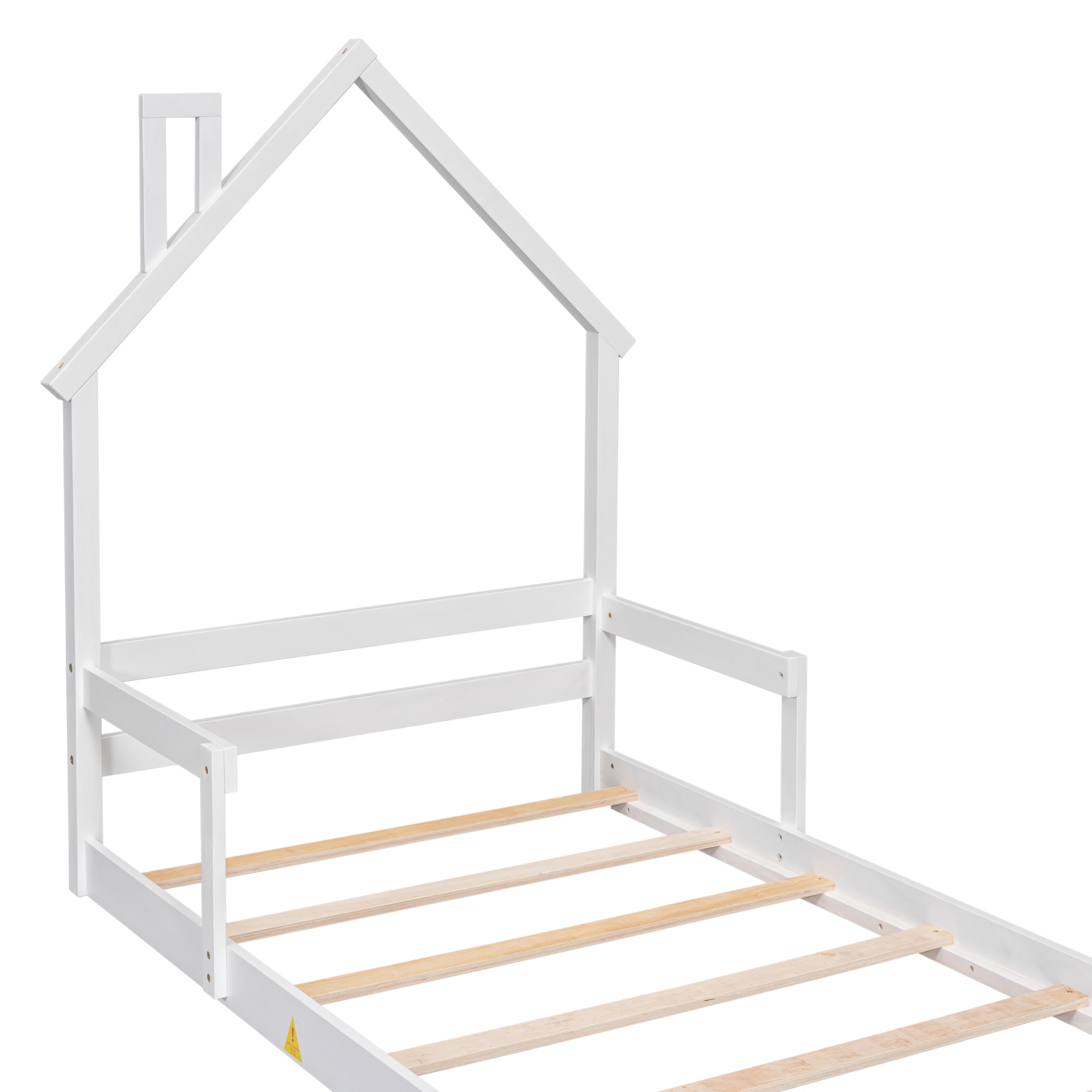 Bellemave Twin Size House-Shaped Headboard Floor Bed for Kids - Montessori Wooden House Bed with Safety Handrails & Slats - Perfect for Girls & Boys Bedrooms (Twin, White) - Ideal for Montessori Rooms, Playrooms & Kids' Bedrooms
