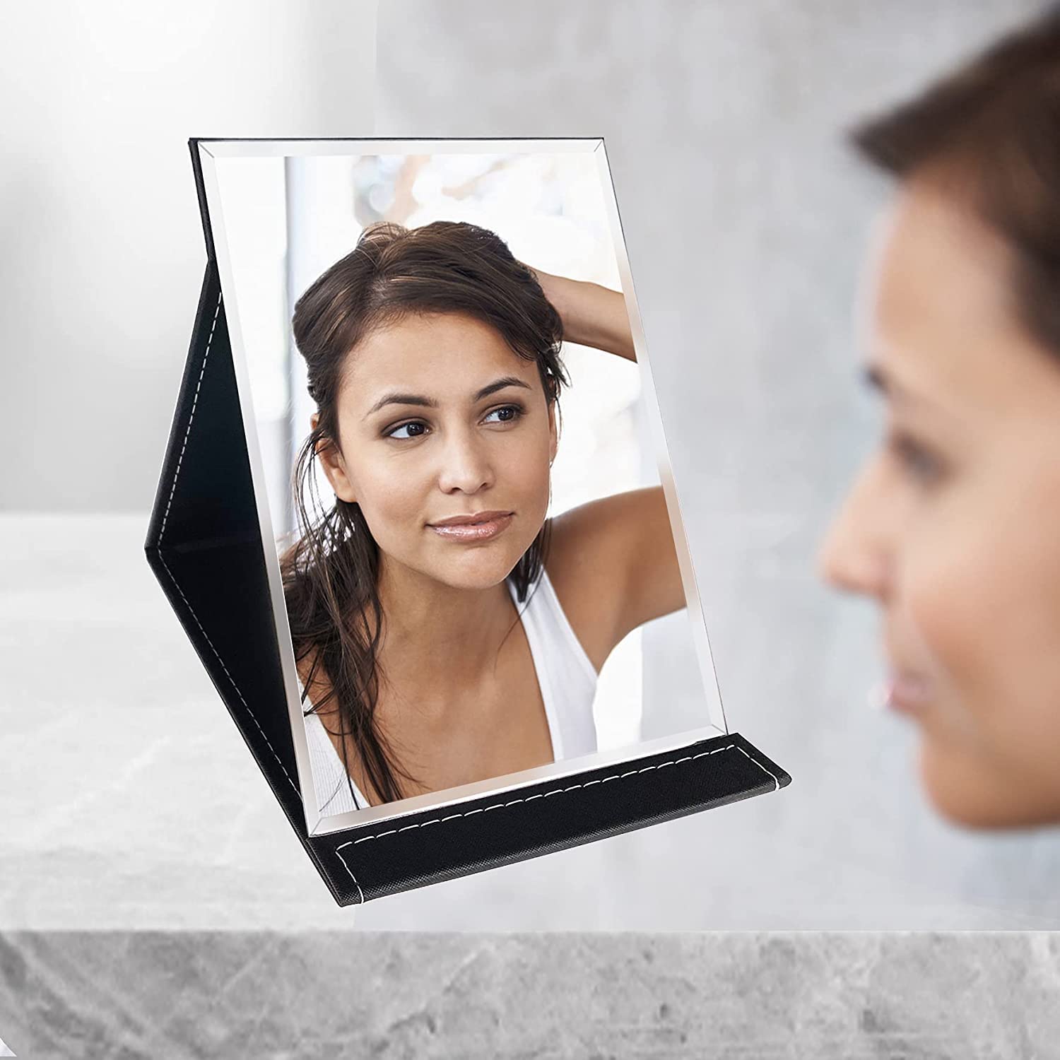 YELONA Portable Folding Makeup Mirror - PU Leather Vanity Mirror for Desk, Travel & Camping