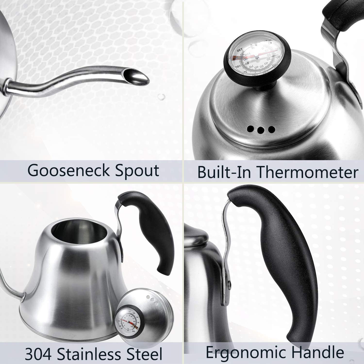 Premium Brushed Silver Gooseneck Kettle with Thermometer - Stovetop Electric Pour Over Coffee & Tea Kettle - Perfect for Home Brewing, Specialty Coffee, and Tea Ceremonies