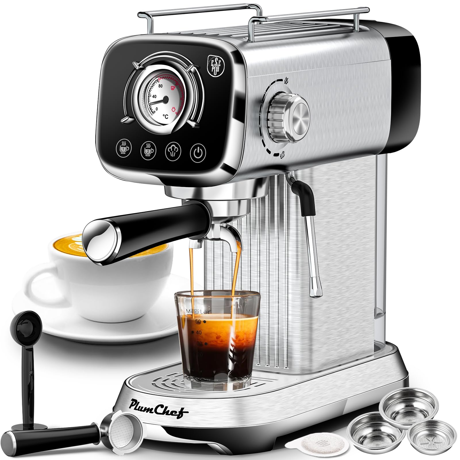 PlumChef 20 Bar Professional Espresso Machine with Milk Frother - Compact Home Coffee Maker, 34oz Water Tank, Steam Wand & Temperature Gauge - Perfect for Latte, Cappuccino & Espresso - Ideal for Home Baristas & Coffee Lovers