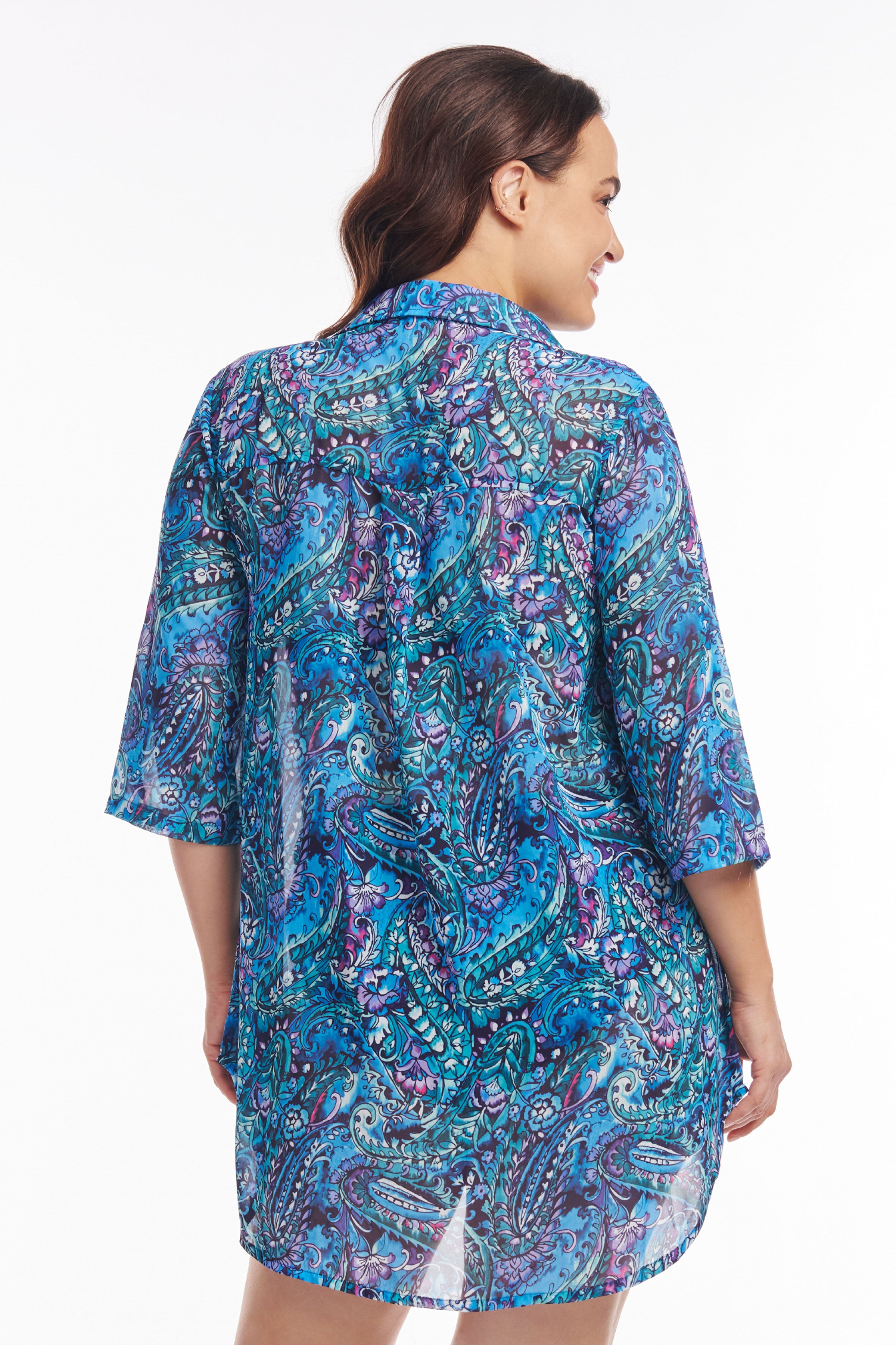 Plus Size Collared Pullover Tunic Coverup in Sea Breeze Paisley Print - Flowy Beach Dress for Women, Perfect for Vacation, Poolside & Summer Outings