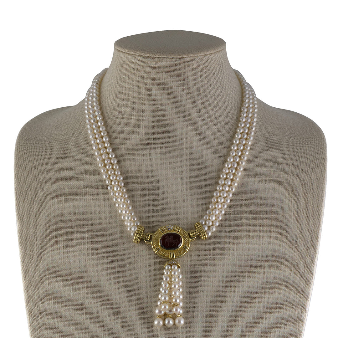 Judith Ripka Garnet Intaglio 3 Strand Pearl Necklace for Women - Elegant Vintage Jewelry Gift for Brides, Anniversaries & Special Occasions