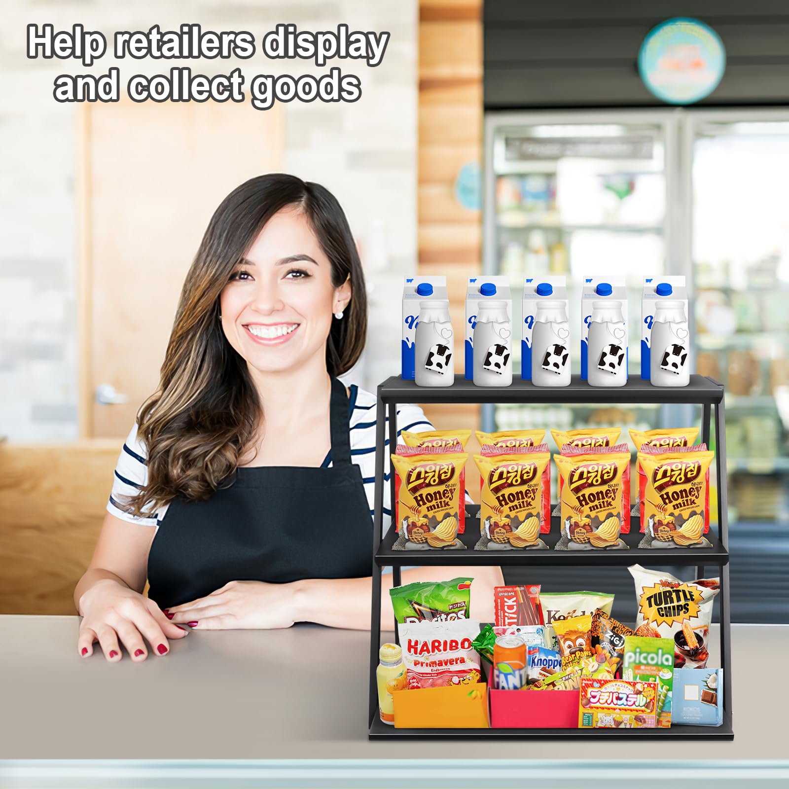 3-Tier Metal Snack Organizer - Countertop Candy Display Rack for Pantry, Office, Store & Bedroom - Black Snack Holder for Chips, Cakes & Cotton Candy - Perfect for Retail Display & Home Organization