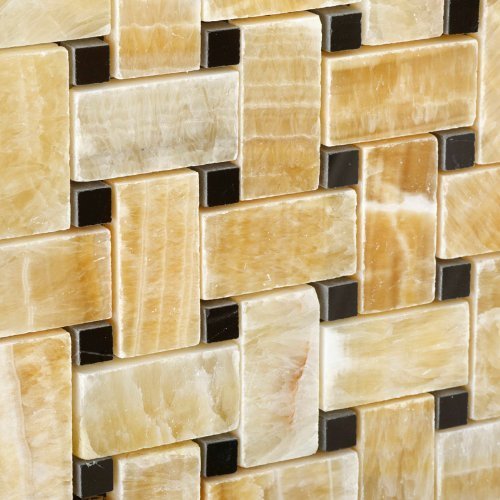 Premium Honey Onyx Polished Basketweave Mosaic Tile with Black Dots - 5 sq. ft. Box - Natural Stone Backsplash for Kitchen & Bathroom - Waterproof Peel-and-Stick Wall Tile for Shower, Fireplace, and Flooring