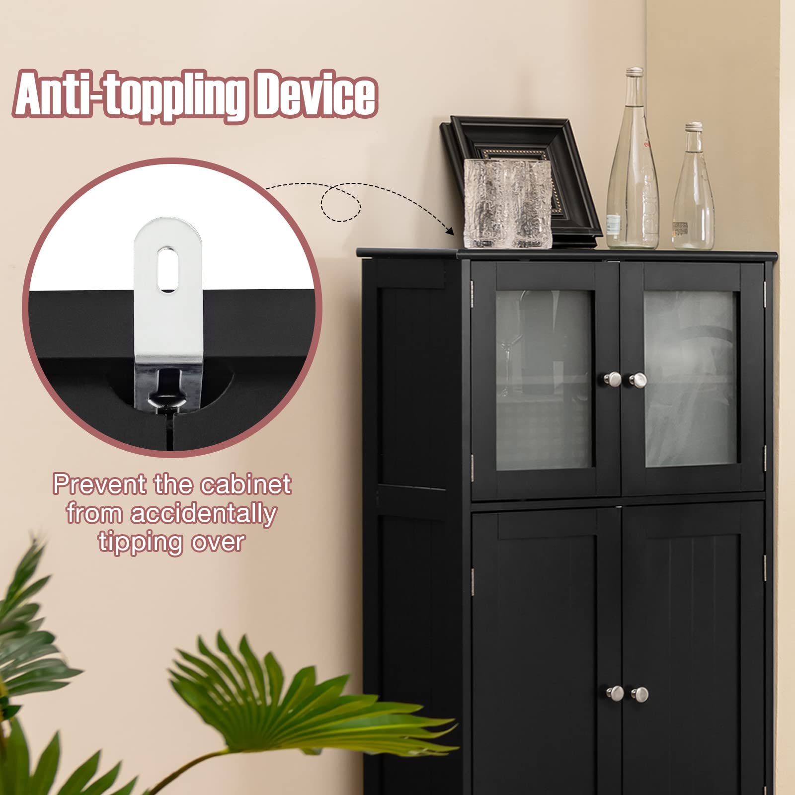Tangkula Freestanding Bathroom Floor Cabinet with Glass Doors - Adjustable Shelf Wood Storage Cabinet for Bathroom, Kitchen, Hallway, Living Room & Office - Perfect for Organizing Towels, Toiletries & Home Decor (Black)