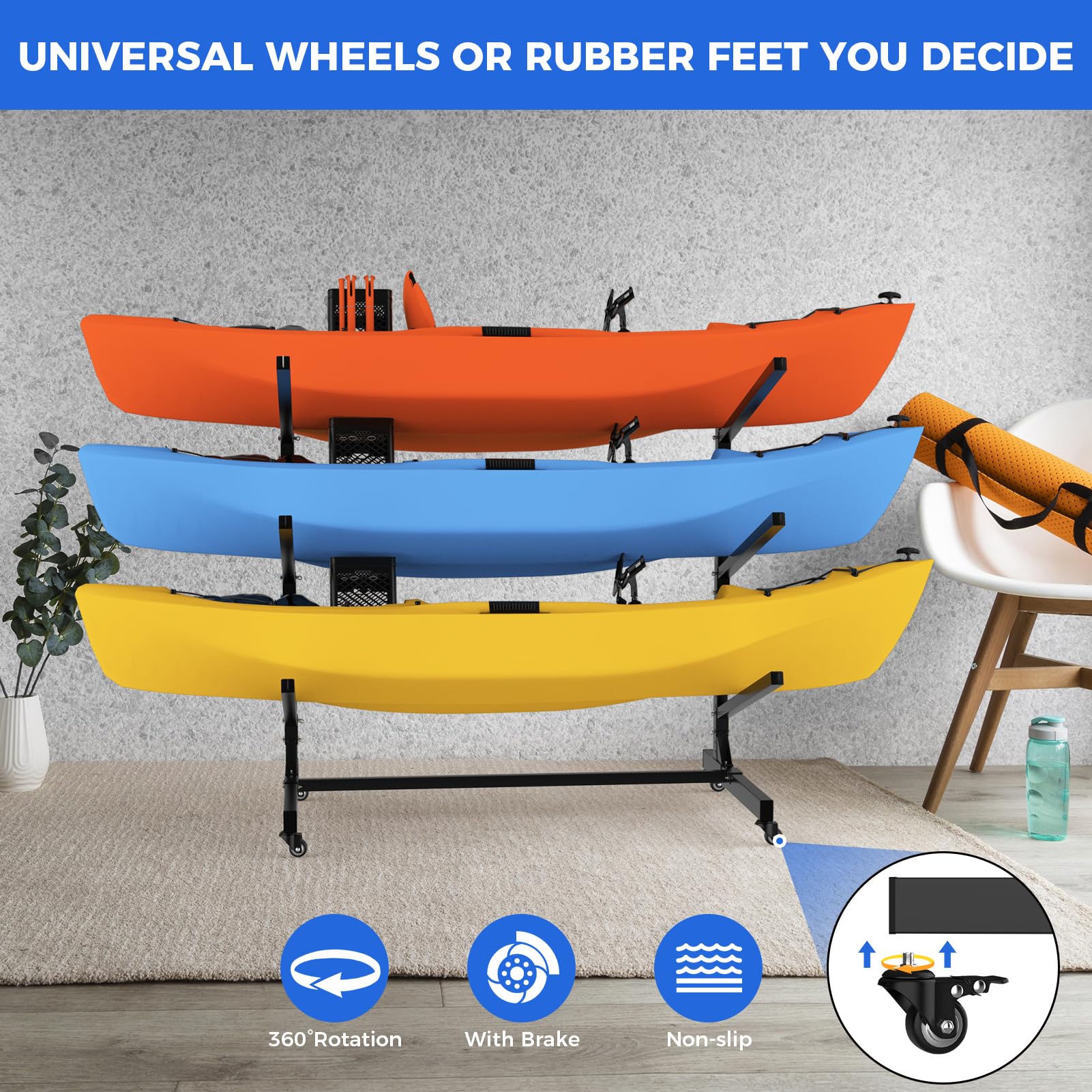 Heavy Duty Freestanding Kayak Storage Rack with Wheels - Adjustable 3-Level Outdoor/Indoor Stand for Kayaks, SUPs, Canoes & Paddleboards | Perfect for Garage, Backyard & Dock Storage