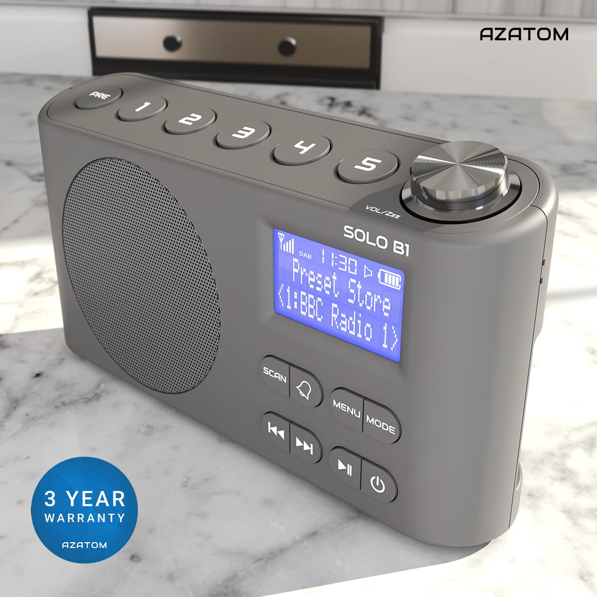 AZATOM Solo B1 Grey Portable DAB/DAB+ Digital Radio with Bluetooth - Rechargeable Battery, Dual Alarm, 80 Presets, AUX & Headphone Jack - Perfect for Home, Office, Travel & Outdoor Use
