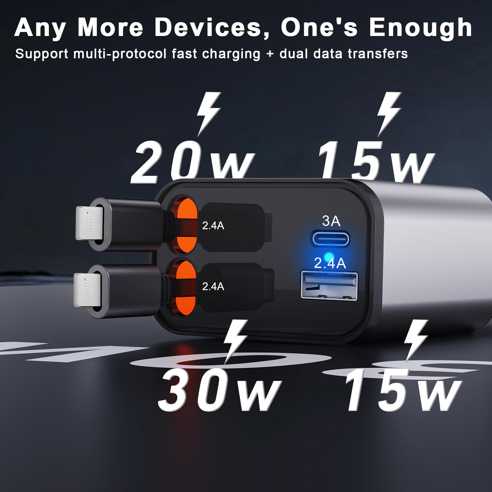Paiholy 4-in-1 Retractable Car Charger with Dual iOS Cables & 2 USB Ports - Super Fast Mini Car Charger for iPhone 15/14/13 Pro Max/Samsung/Pixel - Perfect for Road Trips & Daily Commuting