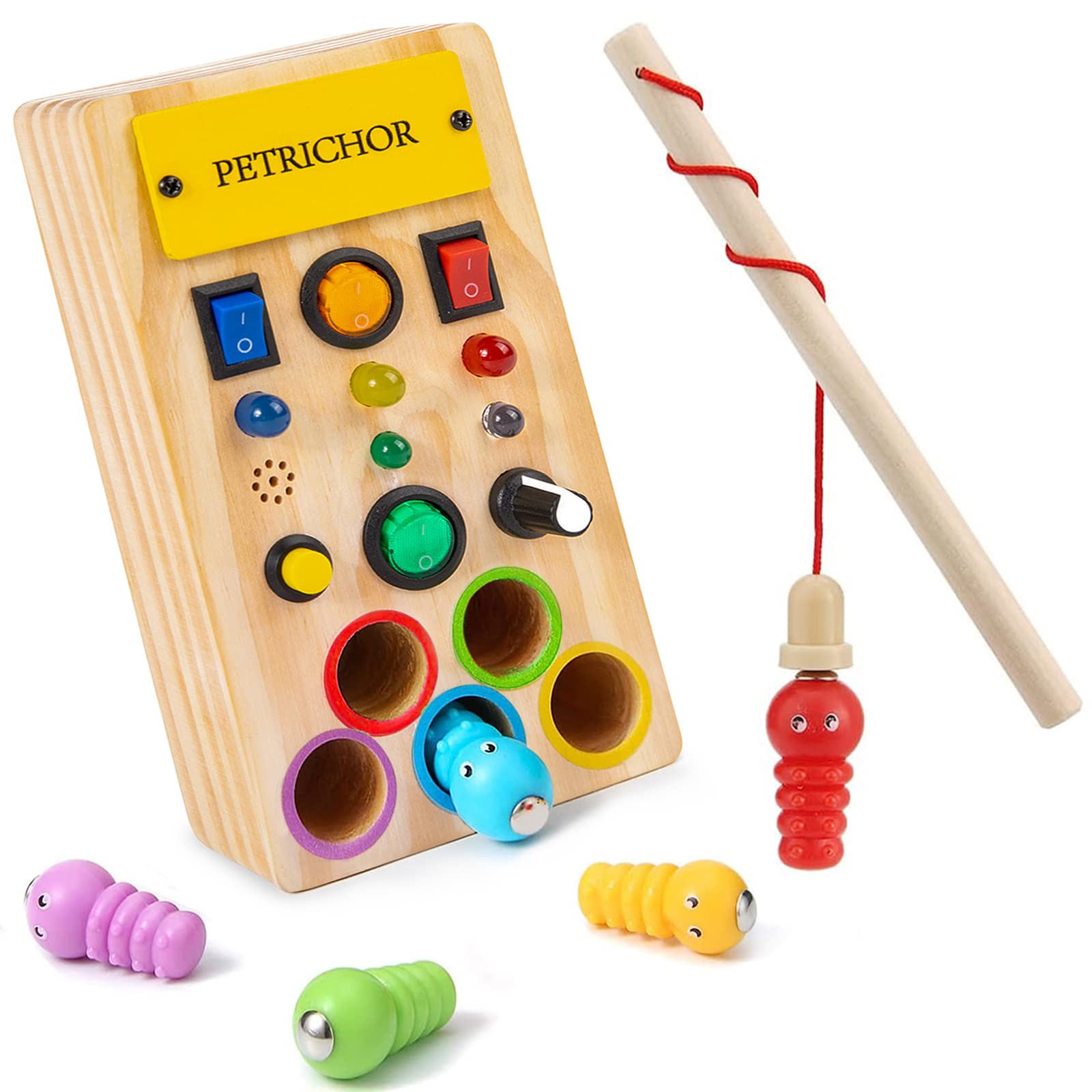 LED Light Busy Board - Montessori Sensory Toy with Toggle Switch, Fidget Toys for Toddlers, Fishing Game & Sound Knob - Handmade Wooden Travel Activity Board for 1 2 3 4 Year Old Boys & Girls - Perfect for Airplane, Car Rides & Quiet Playtime