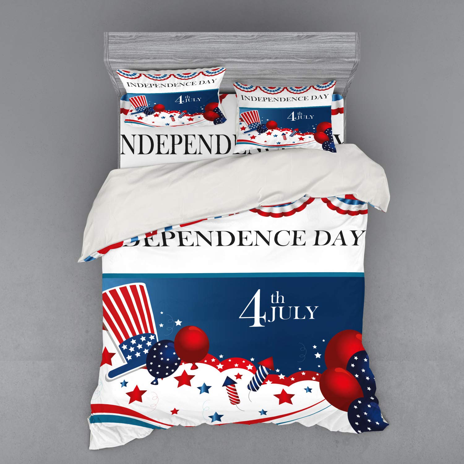 Ambesonne 4th of July Duvet Cover Set - Cartoon Style Patriotic Bedding with Fireworks, Uncle Sam Hat, Stars & Balloons - 4 Piece Queen Size Bedding Set with Shams & Fitted Sheet - Perfect for Independence Day Decor, Memorial Day, Veterans Day & American Themed Bedrooms