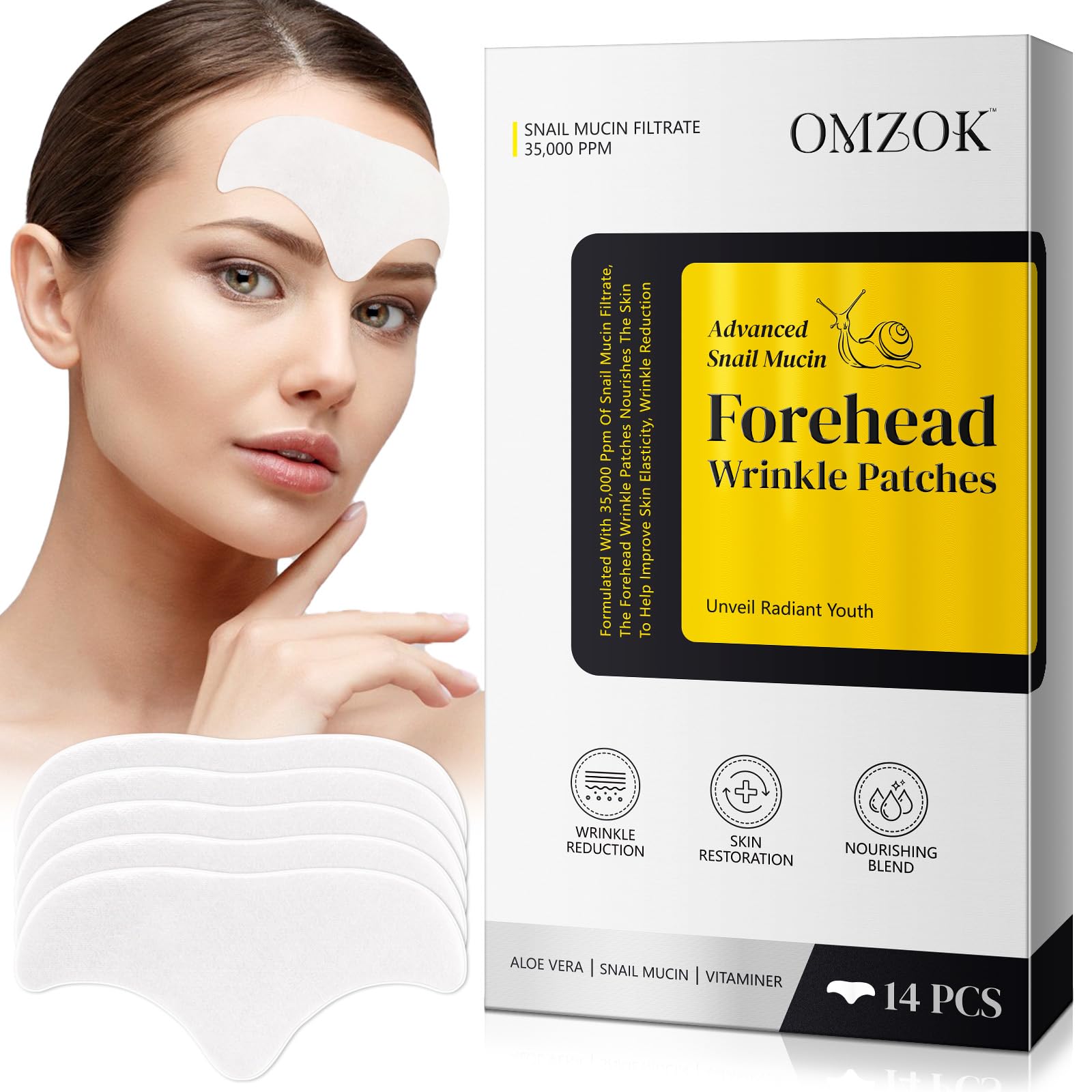 Snail Mucin Forehead Wrinkle Patches with Collagen & Aloe - Anti-Aging Treatment for Fine Lines & Wrinkles - Overnight Use - 14 Count - Perfect for Nighttime Skincare Routine & Special Occasion Prep