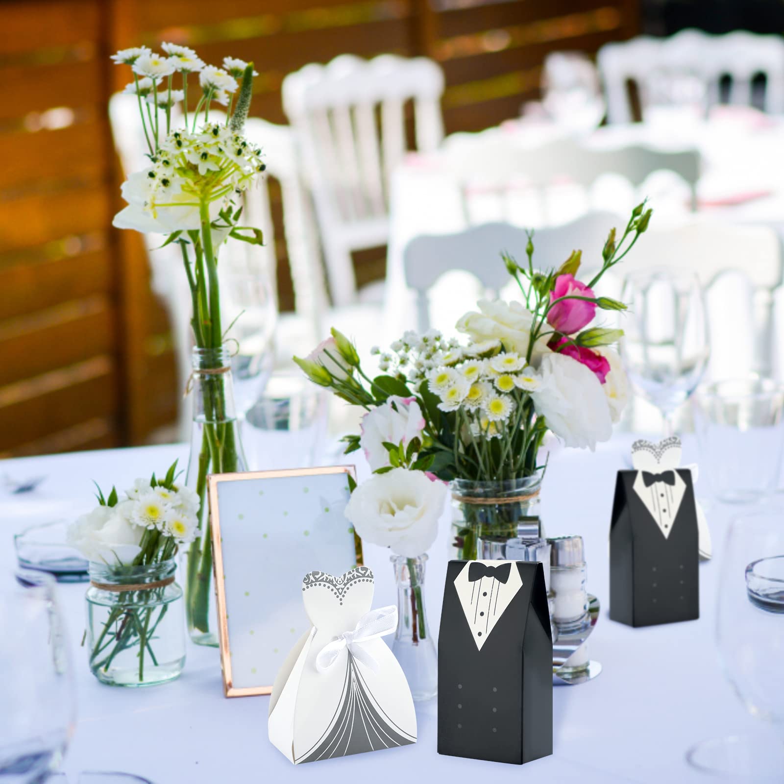 G2PLUS Elegant Wedding Favor Candy Boxes - 100PCS Bride & Groom Tuxedo Gift Boxes with Ribbon for Weddings, Bridal Showers, Christmas Parties - Perfect for Party Favors, Candy Gifts & Special Occasions